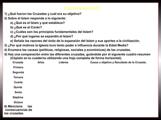Cuestionario nº3.
1) ¿Qué fueron las Cruzadas y cuál era su objetivo?
2) Sobre el Islam responde a lo siguiente:
a) ¿Qué es el Islam y qué establece?
b) ¿Qué es el Corán?
c) ¿Cuáles son los principios fundamentales del Islam?
d) ¿Por qué lugares se expandió el Islam?
e) Señala las razones del éxito de la expansión del Islam y sus aportes a la civilización.
3) ¿Por qué motivos la Iglesia tuvo tanto poder e influencia durante la Edad Media?
4) Enumera las causas (políticas, religiosas, sociales y económicas) de las cruzadas.
5) Haz una comparación entre las diferentes cruzadas, guiándote por el siguiente cuadro resumen
(Cópialo en tu cuaderno utilizando una hoja completa de forma horizontal).
Cruzada Años Líderes Causa u objetivo y Resultado de la Cruzada.
Primera
Segunda
Tercera
Cuarta
Quinta
Sexta
Séptima
Octava
6) Menciona las
consecuencias de
las cruzadas.
 