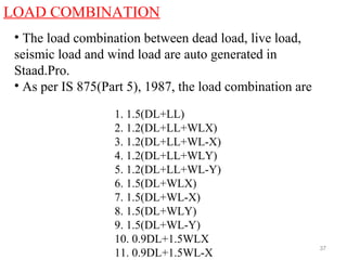 LOAD COMBINATION
1. 1.5(DL+LL)
2. 1.2(DL+LL+WLX)
3. 1.2(DL+LL+WL-X)
4. 1.2(DL+LL+WLY)
5. 1.2(DL+LL+WL-Y)
6. 1.5(DL+WLX)
7. 1.5(DL+WL-X)
8. 1.5(DL+WLY)
9. 1.5(DL+WL-Y)
10. 0.9DL+1.5WLX
11. 0.9DL+1.5WL-X
37
• The load combination between dead load, live load,
seismic load and wind load are auto generated in
Staad.Pro.
• As per IS 875(Part 5), 1987, the load combination are
 