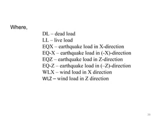 Where,
DL – dead load
LL – live load
EQX – earthquake load in X-direction
EQ-X – earthquake load in (-X)-direction
EQZ – earthquake load in Z-direction
EQ-Z – earthquake load in (–Z)-direction
WLX – wind load in X direction
WLZ – wind load in Z direction
39
 