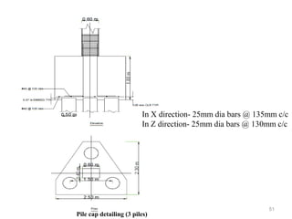 51
Pile cap detailing (3 piles)
In X direction- 25mm dia bars @ 135mm c/c
In Z direction- 25mm dia bars @ 130mm c/c
 