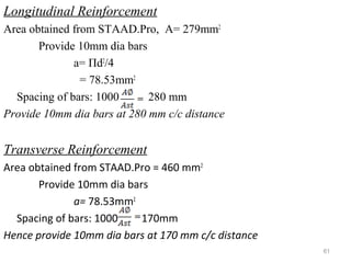 Longitudinal Reinforcement
Area obtained from STAAD.Pro, A= 279mm2
Provide 10mm dia bars
a= Пd2
/4
= 78.53mm2
Spacing of bars: 1000 280 mm
Provide 10mm dia bars at 280 mm c/c distance
Transverse Reinforcement
Area obtained from STAAD.Pro = 460 mm2
Provide 10mm dia bars
a= 78.53mm2
Spacing of bars: 1000 170mm
Hence provide 10mm dia bars at 170 mm c/c distance
61
 
