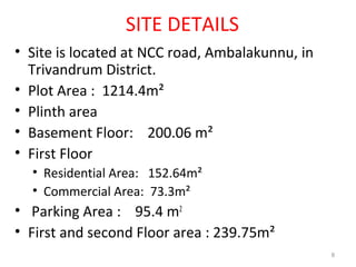 SITE DETAILS
• Site is located at NCC road, Ambalakunnu, in
Trivandrum District.
• Plot Area : 1214.4m²
• Plinth area
• Basement Floor: 200.06 m²
• First Floor
• Residential Area: 152.64m²
• Commercial Area: 73.3m²
• Parking Area : 95.4 m2
• First and second Floor area : 239.75m²
8
 