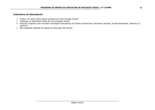 PROGRAMA DE ENSINO DA DISCIPLINA DE EDUCAÇÃO VISUAL, 11ª CLASSE
___________________________________________________________________________
Página 18/21
18
Indicadores de Desempenho
 Produz um juízo crítico sobre produtos da Comunicação Visual?
 Distingue os diferentes meios de comunicação visual?
 Executa projectos que veiculam mensagens educativas em temas transversais utilizando cartazes, banda desenhada, desenho ou
pintura?
 Nos logótipos respeita as regras de execução das letras?
 