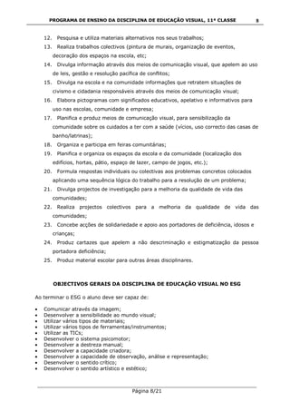 PROGRAMA DE ENSINO DA DISCIPLINA DE EDUCAÇÃO VISUAL, 11ª CLASSE
___________________________________________________________________________
Página 8/21
8
12. Pesquisa e utiliza materiais alternativos nos seus trabalhos;
13. Realiza trabalhos colectivos (pintura de murais, organização de eventos,
decoração dos espaços na escola, etc;
14. Divulga informação através dos meios de comunicação visual, que apelem ao uso
de leis, gestão e resolução pacífica de conflitos;
15. Divulga na escola e na comunidade informações que retratem situações de
civismo e cidadania responsáveis através dos meios de comunicação visual;
16. Elabora pictogramas com significados educativos, apelativo e informativos para
uso nas escolas, comunidade e empresa;
17. Planifica e produz meios de comunicação visual, para sensibilização da
comunidade sobre os cuidados a ter com a saúde (vícios, uso correcto das casas de
banho/latrinas);
18. Organiza e participa em feiras comunitárias;
19. Planifica e organiza os espaços da escola e da comunidade (localização dos
edifícios, hortas, pátio, espaço de lazer, campo de jogos, etc.);
20. Formula respostas individuais ou colectivas aos problemas concretos colocados
aplicando uma sequência lógica do trabalho para a resolução de um problema;
21. Divulga projectos de investigação para a melhoria da qualidade de vida das
comunidades;
22. Realiza projectos colectivos para a melhoria da qualidade de vida das
comunidades;
23. Concebe acções de solidariedade e apoio aos portadores de deficiência, idosos e
crianças;
24. Produz cartazes que apelem a não descriminação e estigmatização da pessoa
portadora deficiência;
25. Produz material escolar para outras áreas disciplinares.
OBJECTIVOS GERAIS DA DISCIPLINA DE EDUCAÇÃO VISUAL NO ESG
Ao terminar o ESG o aluno deve ser capaz de:
Comunicar através da imagem;
Desenvolver a sensibilidade ao mundo visual;
Utilizar vários tipos de materiais;
Utilizar vários tipos de ferramentas/instrumentos;
Utilizar as TICs;
Desenvolver o sistema psicomotor;
Desenvolver a destreza manual;
Desenvolver a capacidade criadora;
Desenvolver a capacidade de observação, análise e representação;
Desenvolver o sentido crítico;
Desenvolver o sentido artístico e estético;
 