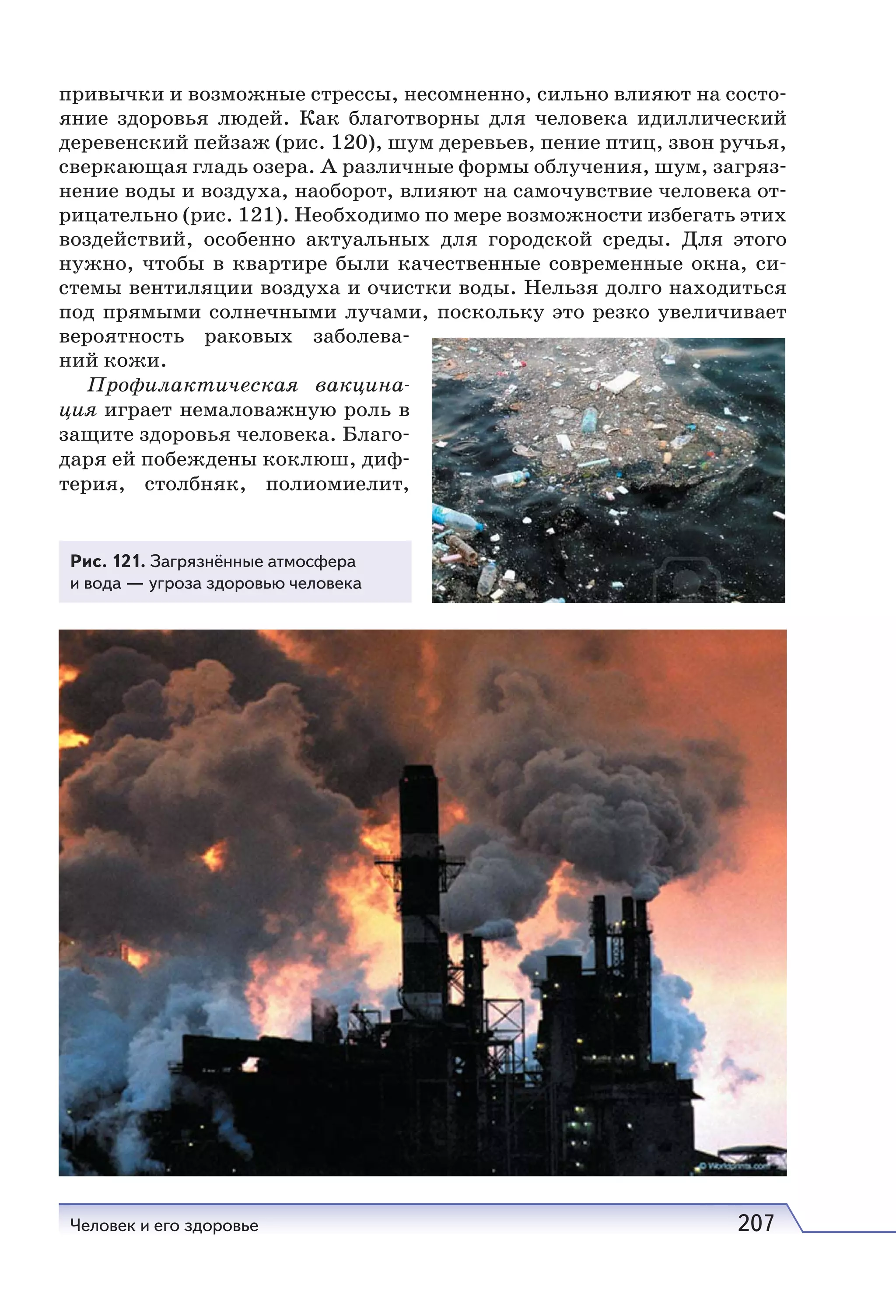 Человек и его здоровье 207
привычки и возможные стрессы, несомненно, сильно влияют на состо-
яние здоровья людей. Как благотворны для человека идиллический
деревенский пейзаж (рис. 120), шум деревьев, пение птиц, звон ручья,
сверкающая гладь озера. А различные формы облучения, шум, загряз-
нение воды и воздуха, наоборот, влияют на самочувствие человека от-
рицательно (рис. 121). Необходимо по мере возможности избегать этих
воздействий, особенно актуальных для городской среды. Для этого
нужно, чтобы в квартире были качественные современные окна, си-
стемы вентиляции воздуха и очистки воды. Нельзя долго находиться
под прямыми солнечными лучами, поскольку это резко увеличивает
вероятность раковых заболева-
ний кожи.
Профилактическая вакцина-
ция играет немаловажную роль в
защите здоровья человека. Благо-
даря ей побеждены коклюш, диф-
терия, столбняк, полиомиелит,
Рис. 121. Загрязнённые атмосфера
и вода — угроза здоровью человека
 