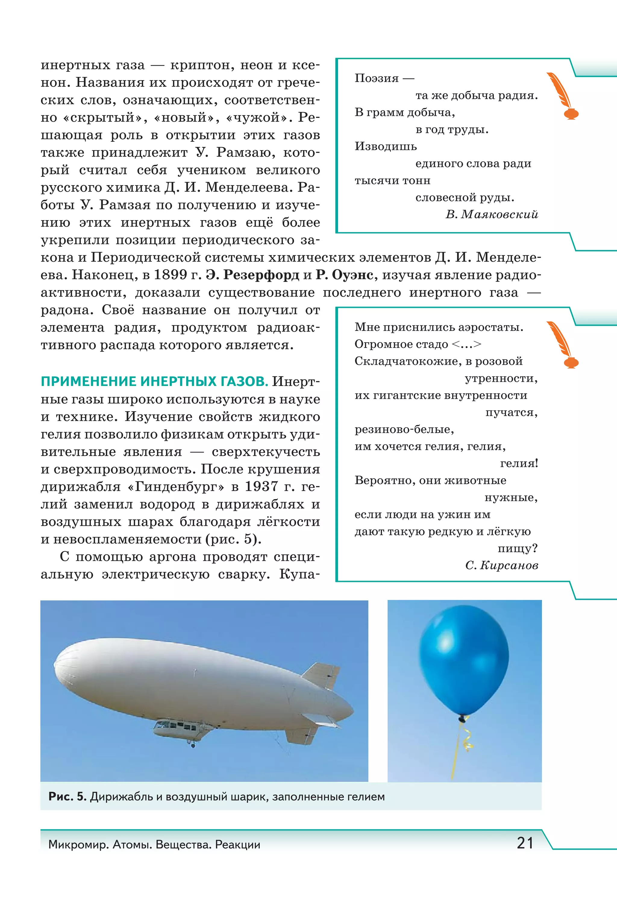 Микромир. Атомы. Вещества. Реакции 21
инертных газа — криптон, неон и ксе-
нон. Названия их происходят от грече-
ских слов, означающих, соответствен-
но «скрытый», «новый», «чужой». Ре-
шающая роль в открытии этих газов
также принадлежит У.  Рамзаю, кото-
рый считал себя учеником великого
русского химика Д. И. Менделеева. Ра-
боты У. Рамзая по получению и изуче-
нию этих инертных газов ещё более
укрепили позиции периодического за-
кона и Периодической системы химических элементов Д. И. Менделе-
ева. Наконец, в 1899 г. Э. Резерфорд и Р. Оуэнс, изучая явление радио-
активности, доказали существование последнего инертного газа —
радона. Своё название он получил от
элемента радия, продуктом радиоак-
тивного распада которого является.
ПРИМЕНЕНИЕ ИНЕРТНЫХ ГАЗОВ. Инерт-
ные газы широко используются в науке
и технике. Изучение свойств жидкого
гелия позволило физикам открыть уди-
вительные явления — сверхтекучесть
и сверхпроводимость. После крушения
дирижабля «Гинденбург» в 1937 г. ге-
лий заменил водород в дирижаблях и
воздушных шарах благодаря лёгкости
и невоспламеняемости (рис. 5).
С помощью аргона проводят специ-
альную электрическую сварку. Купа-
Поэзия —
та же добыча радия.
В грамм добыча,
в год труды.
Изводишь
единого слова ради
тысячи тонн
словесной руды.
В. Маяковский
Мне приснились аэростаты.
Огромное стадо <...>
Складчатокожие, в розовой
утренности,
их гигантские внутренности
пучатся,
резиново-белые,
им хочется гелия, гелия,
гелия!
Вероятно, они животные
нужные,
если люди на ужин им
дают такую редкую и лёгкую
пищу?
С. Кирсанов
Рис. 5. Дирижабль и воздушный шарик, заполненные гелием
 