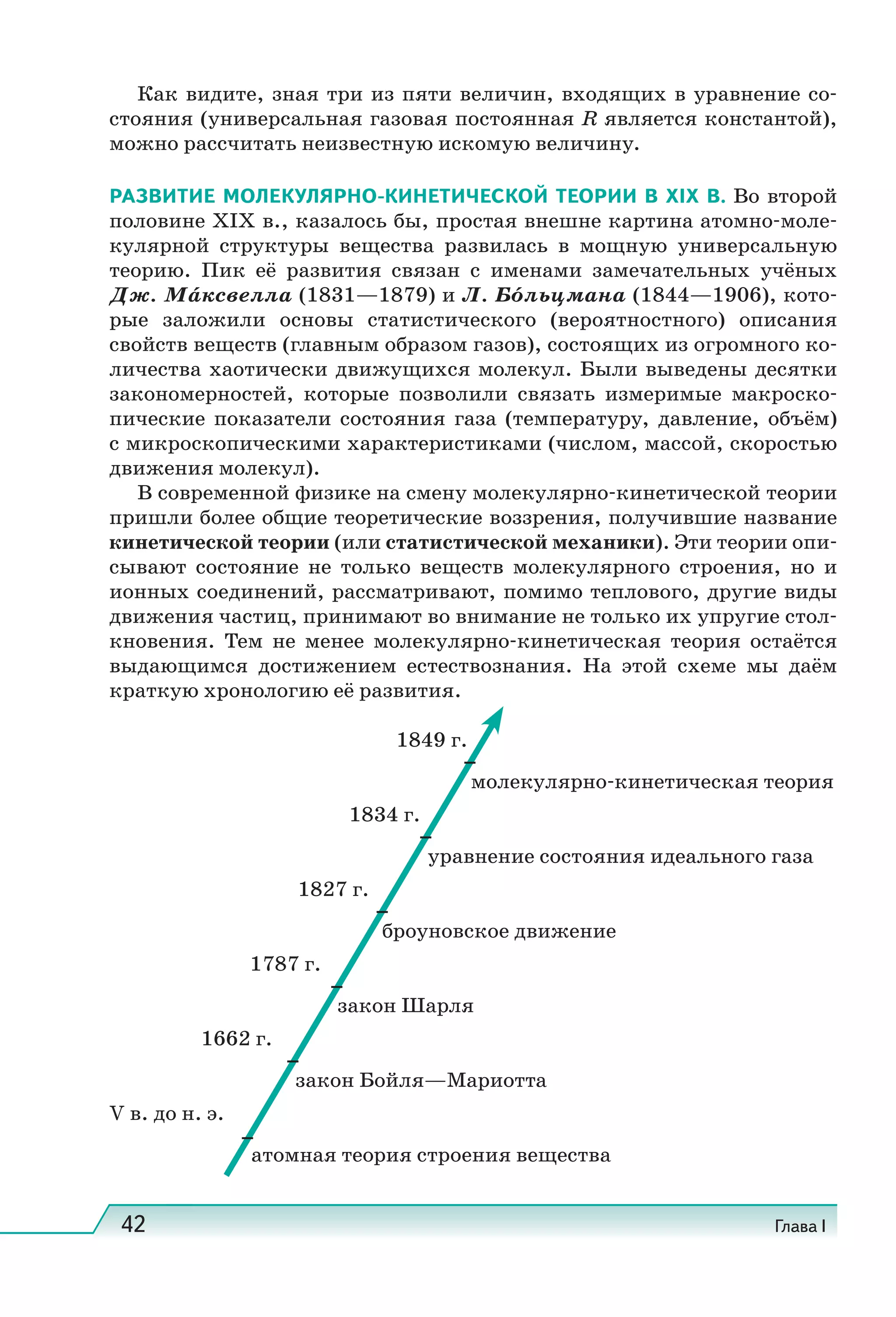42 Глава I
Как видите, зная три из пяти величин, входящих в уравнение со-
стояния (универсальная газовая постоянная R является константой),
можно рассчитать неизвестную искомую величину.
РАЗВИТИЕ МОЛЕКУЛЯРНО-КИНЕТИЧЕСКОЙ ТЕОРИИ В XIX В. Во второй
половине XIX в., казалось бы, простая внешне картина атомно-моле-
кулярной структуры вещества развилась в мощную универсальную
теорию. Пик её развития связан с именами замечательных учёных
Дж. Ма́ксвелла (1831—1879) и Л. Бо́льцмана (1844—1906), кото-
рые заложили основы статистического (вероятностного) описания
свойств веществ (главным образом газов), состоящих из огромного ко-
личества хаотически движущихся молекул. Были выведены десятки
закономерностей, которые позволили связать измеримые макроско-
пические показатели состояния газа (температуру, давление, объём)
с микроскопическими характеристиками (числом, массой, скоростью
движения молекул).
В современной физике на смену молекулярно-кинетической теории
пришли более общие теоретические воззрения, получившие название
кинетической теории (или статистической механики). Эти теории опи-
сывают состояние не только веществ молекулярного строения, но и
ионных соединений, рассматривают, помимо теплового, другие виды
движения частиц, принимают во внимание не только их упругие стол-
кновения. Тем не менее молекулярно-кинетическая теория остаётся
выдающимся достижением естествознания. На этой схеме мы даём
краткую хронологию её развития.
1849 г.
молекулярно-кинетическая теория
1834 г.
уравнение состояния идеального газа
1827 г.
броуновское движение
1787 г.
закон Шарля
1662 г.
закон Бойля—Мариотта
V в. до н. э.
атомная теория строения вещества
 