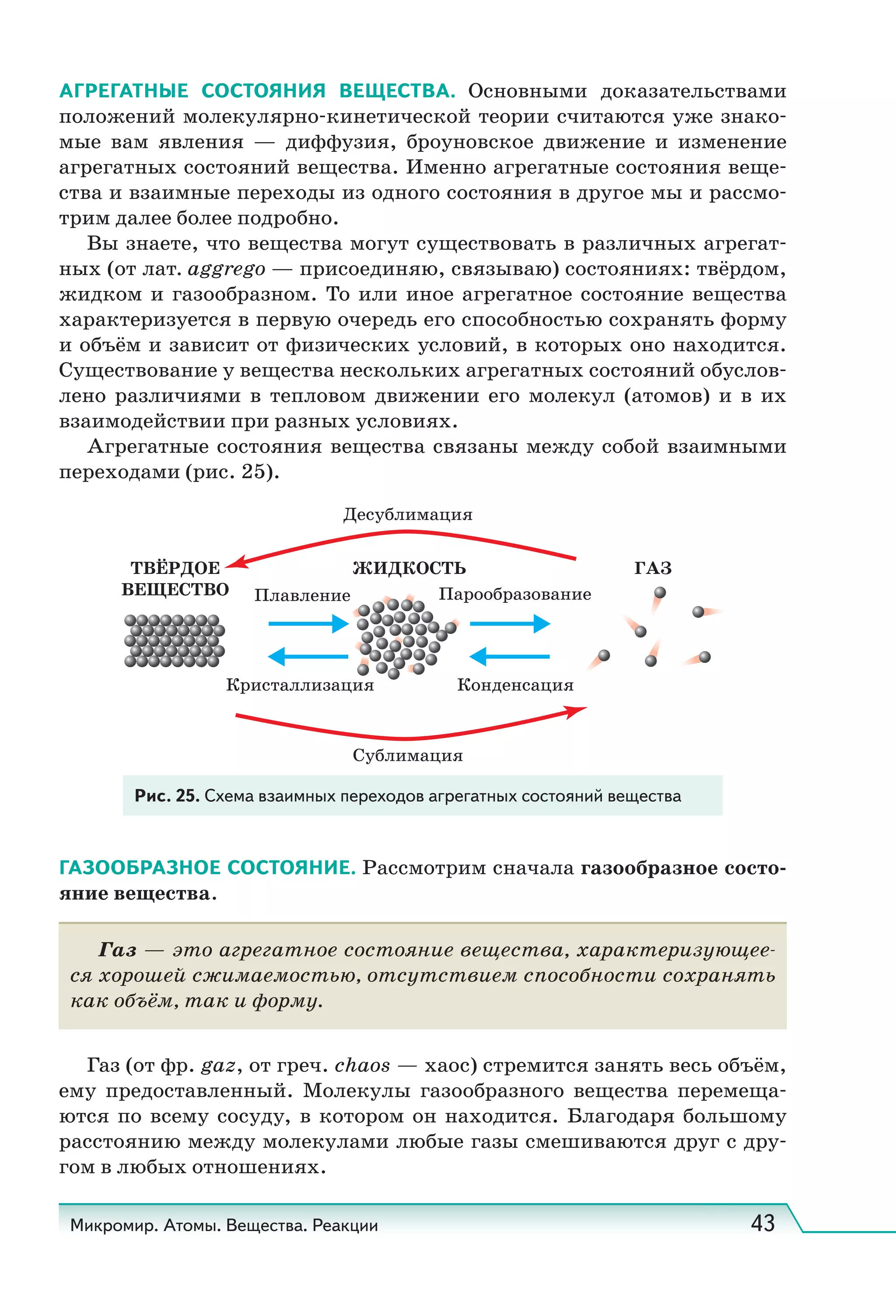 Микромир. Атомы. Вещества. Реакции 43
АГРЕГАТНЫЕ СОСТОЯНИЯ ВЕЩЕСТВА. Основными доказательствами
положений молекулярно-кинетической теории считаются уже знако-
мые вам явления — диффузия, броуновское движение и изменение
агрегатных состояний вещества. Именно агрегатные состояния веще-
ства и взаимные переходы из одного состояния в другое мы и рассмо-
трим далее более подробно.
Вы знаете, что вещества могут существовать в различных агрегат-
ных (от лат. aggrego — присоединяю, связываю) состояниях: твёрдом,
жидком и газообразном. То или иное агрегатное состояние вещества
характеризуется в первую очередь его способностью сохранять форму
и объём и зависит от физических условий, в которых оно находится.
Существование у вещества нескольких агрегатных состояний обуслов-
лено различиями в тепловом движении его молекул (атомов) и в их
взаимодействии при разных условиях.
Агрегатные состояния вещества связаны между собой взаимными
переходами (рис. 25).
Рис. 25. Схема взаимных переходов агрегатных состояний вещества
ГАЗООБРАЗНОЕ СОСТОЯНИЕ. Рассмотрим сначала газообразное состо-
яние вещества.
Газ — это агрегатное состояние вещества, характеризующее-
ся хорошей сжимаемостью, отсутствием способности сохранять
как объём, так и форму.
Газ (от фр. gaz, от греч. chaos — хаос) стремится занять весь объём,
ему предоставленный. Молекулы газообразного вещества перемеща-
ются по всему сосуду, в котором он находится. Благодаря большому
расстоянию между молекулами любые газы смешиваются друг с дру-
гом в любых отношениях.
 