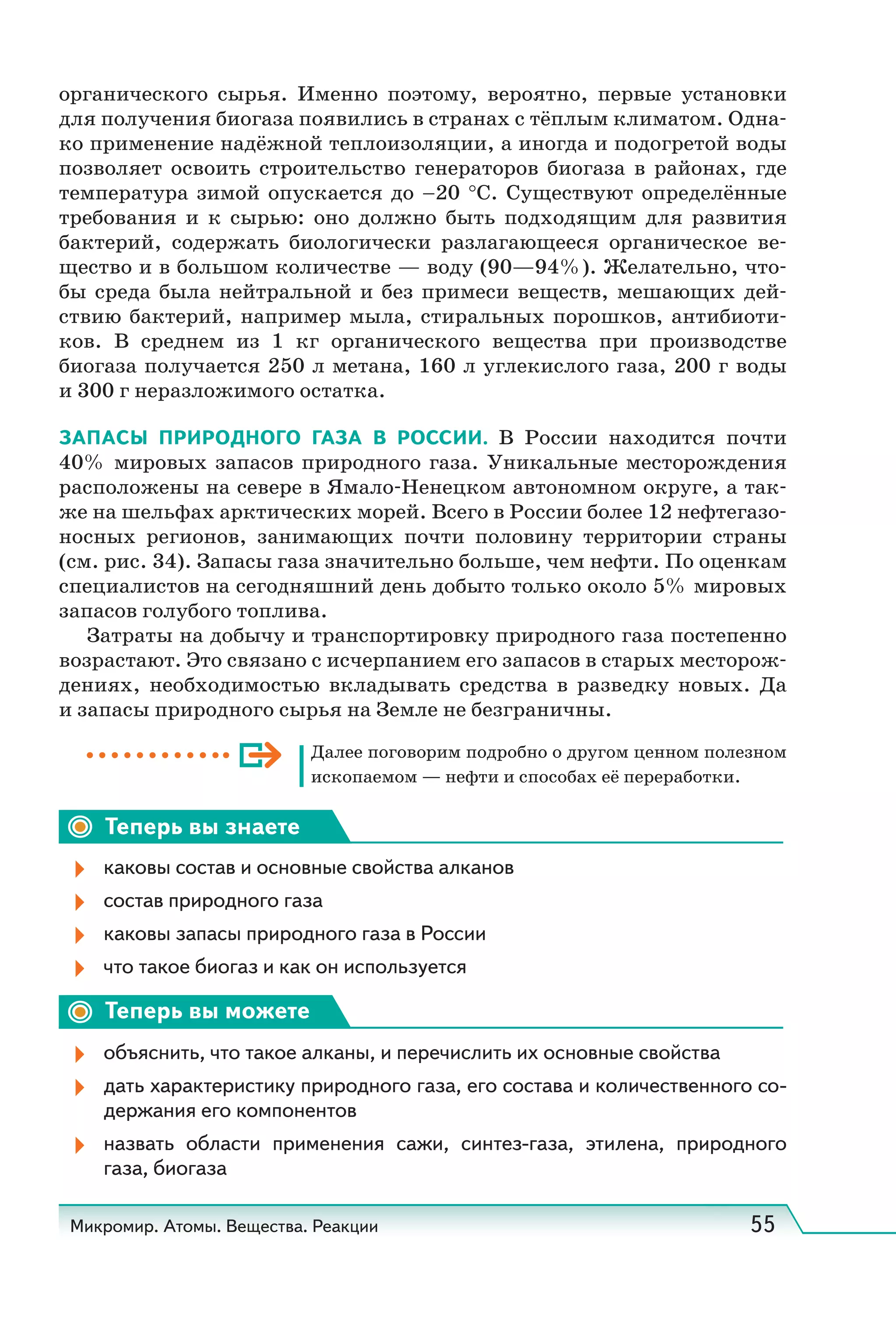 Микромир. Атомы. Вещества. Реакции 55
органического сырья. Именно поэтому, вероятно, первые установки
для получения биогаза появились в странах с тёплым климатом. Одна-
ко применение надёжной теплоизоляции, а иногда и подогретой воды
позволяет освоить строительство генераторов биогаза в районах, где
температура зимой опускается до –20  °С. Существуют определённые
требования и к сырью: оно должно быть подходящим для развития
бактерий, содержать биологически разлагающееся органическое ве-
щество и в большом количестве — воду (90—94%). Желательно, что-
бы среда была нейтральной и без примеси веществ, мешающих дей-
ствию бактерий, например мыла, стиральных порошков, антибиоти-
ков. В среднем из 1  кг органического вещества при производстве
биогаза получается 250 л метана, 160 л углекислого газа, 200 г воды
и 300 г неразложимого остатка.
ЗАПАСЫ ПРИРОДНОГО ГАЗА В РОССИИ. В России находится почти
40% мировых запасов природного газа. Уникальные месторождения
расположены на севере в Ямало-Ненецком автономном округе, а так-
же на шельфах арктических морей. Всего в России более 12 нефтегазо-
носных регионов, занимающих почти половину территории страны
(см. рис. 34). Запасы газа значительно больше, чем нефти. По оценкам
специалистов на сегодняшний день добыто только около 5% мировых
запасов голубого топлива.
Затраты на добычу и транспортировку природного газа постепенно
возрастают. Это связано с исчерпанием его запасов в старых месторож-
дениях, необходимостью вкладывать средства в разведку новых. Да
и запасы природного сырья на Земле не безграничны.
Далее поговорим подробно о другом ценном полезном
ископаемом — нефти и способах её переработки.
Теперь вы знаете
каковы состав и основные свойства алканов
состав природного газа
каковы запасы природного газа в России
что такое биогаз и как он используется
Теперь вы можете
объяснить, что такое алканы, и перечислить их основные свойства
дать характеристику природного газа, его состава и количественного со-
держания его компонентов
назвать области применения сажи, синтез-газа, этилена, природного
газа, биогаза
 