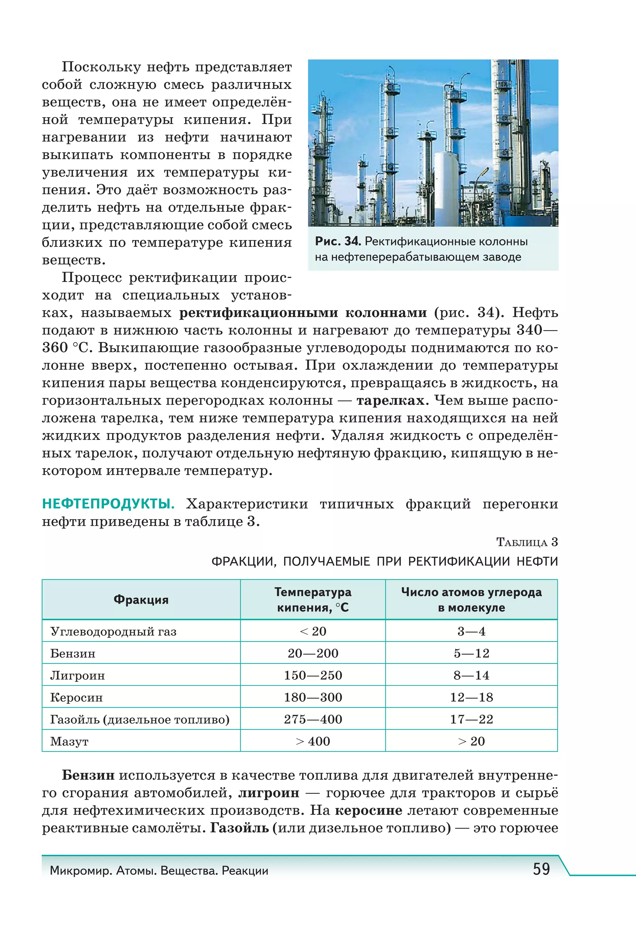 Микромир. Атомы. Вещества. Реакции 59
Поскольку нефть представляет
собой сложную смесь различных
веществ, она не имеет определён-
ной температуры кипения. При
нагревании из нефти начинают
выкипать компоненты в порядке
увеличения их температуры ки-
пения. Это даёт возможность раз-
делить нефть на отдельные фрак-
ции, представляющие собой смесь
близких по температуре кипения
веществ.
Процесс ректификации проис-
ходит на специальных установ-
ках, называемых ректификационными колоннами (рис.  34). Нефть
подают в нижнюю часть колонны и нагревают до температуры 340—
360 °С. Выкипающие газообразные углеводороды поднимаются по ко-
лонне вверх, постепенно остывая. При охлаждении до температуры
кипения пары вещества конденсируются, превращаясь в жидкость, на
горизонтальных перегородках колонны — тарелках. Чем выше распо-
ложена тарелка, тем ниже температура кипения находящихся на ней
жидких продуктов разделения нефти. Удаляя жидкость с определён-
ных тарелок, получают отдельную нефтяную фракцию, кипящую в не-
котором интервале температур.
НЕФТЕПРОДУКТЫ. Характеристики типичных фракций перегонки
нефти приведены в таблице 3.
ТАБЛИЦА 3
ФРАКЦИИ, ПОЛУЧАЕМЫЕ ПРИ РЕКТИФИКАЦИИ НЕФТИ
Фракция
Температура
кипения, °С
Число атомов углерода
в молекуле
Углеводородный газ < 20 3—4
Бензин 20—200 5—12
Лигроин 150—250 8—14
Керосин 180—300 12—18
Газойль (дизельное топливо) 275—400 17—22
Мазут > 400 > 20
Бензин используется в качестве топлива для двигателей внутренне-
го сгорания автомобилей, лигроин — горючее для тракторов и сырьё
для нефтехимических производств. На керосине летают современные
реактивные самолёты. Газойль (или дизельное топливо) — это горючее
Рис. 34. Ректификационные колонны
на нефтеперерабатывающем заводе
 