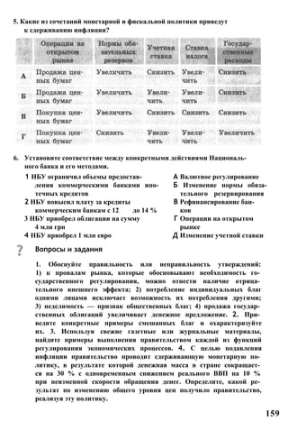 5. Какие из сочетаний монетарной и фискальной политики приведут
к сдерживанию инфляции?
6. Установите соответствие между конкретными действиями Националь­
ного банка и его методами.
1 НБУ ограничил объемы предостав- А Валютное регулирование
ления коммерческими банками ипо- Б Изменение нормы обяза-
течных кредитов тельного резервирования
2 НБУ повысил плату за кредиты В Рефинансирование бан-
коммерческим банкам с 12 до 14 % ков
3 НБУ приобрел облигации на сумму Г Операции на открытом
4 млн грн рынке
4 НБУ приобрел 1 млн евро Д Изменение учетной ставки
1. Обоснуйте правильность или неправильность утверждений:
1) к провалам рынка, которые обосновывают необходимость го­
сударственного регулирования, можно отнести наличие отрица­
тельного внешнего эффекта; 2) потребление индивидуальных благ
одними лицами исключает возможность их потребления другими;
3) неделимость — признак общественных благ; 4) продажа государ­
ственных облигаций увеличивает денежное предложение. 2. При­
ведите конкретные примеры смешанных благ и охарактеризуйте
их. 3. Используя свежие газетные или журнальные материалы,
найдите примеры выполнения правительством каждой из функций
регулирования экономических процессов. 4. С целью подавления
инфляции правительство проводит сдерживающую монетарную по­
литику, в результате которой денежная масса в стране сокращает­
ся на 30 % с одновременным снижением реального ВВП на 10 %
при неизменной скорости обращения денег. Определите, какой ре­
зультат по изменению общего уровня цен получило правительство,
реализуя эту политику.
Вопросы и задания
159
 
