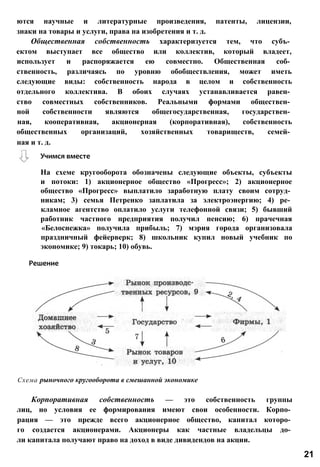 ются научные и литературные произведения, патенты, лицензии,
знаки на товары и услуги, права на изобретения и т. д.
Общественная собственность характеризуется тем, что субъ­
ектом выступает все общество или коллектив, который владеет,
использует и распоряжается ею совместно. Общественная соб­
ственность, различаясь по уровню обобществления, может иметь
следующие виды: собственность народа в целом и собственность
отдельного коллектива. В обоих случаях устанавливается равен­
ство совместных собственников. Реальными формами обществен­
ной собственности являются общегосударственная, государствен­
ная, кооперативная, акционерная (корпоративная), собственность
общественных организаций, хозяйственных товариществ, семей­
ная и т. д.
Схема рыночного кругооборота в смешанной экономике
Корпоративная собственность — это собственность группы
лиц, но условия ее формирования имеют свои особенности. Корпо­
рация — это прежде всего акционерное общество, капитал которо­
го создается акционерами. Акционеры как частные владельцы до­
ли капитала получают право на доход в виде дивидендов на акции.
Учимся вместе
На схеме кругооборота обозначены следующие объекты, субъекты
и потоки: 1) акционерное общество «Прогресс»; 2) акционерное
общество «Прогресс» выплатило заработную плату своим сотруд­
никам; 3) семья Петренко заплатила за электроэнергию; 4) ре­
кламное агентство оплатило услуги телефонной связи; 5) бывший
работник частного предприятия получил пенсию; 6) прачечная
«Белоснежка» получила прибыль; 7) мэрия города организовала
праздничный фейерверк; 8) школьник купил новый учебник по
экономике; 9) токарь; 10) обувь.
Решение
21
 