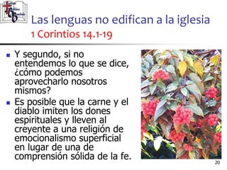 Las lenguas no edifican a la iglesia
1 Corintios 14.1-19
2020
 Y segundo, si no
entendemos lo que se dice,
¿cómo podemos
aprovecharlo nosotros
mismos?
 Es posible que la carne y el
diablo imiten los dones
espirituales y lleven al
creyente a una religión de
emocionalismo superficial
en lugar de una de
comprensión sólida de la fe.
 