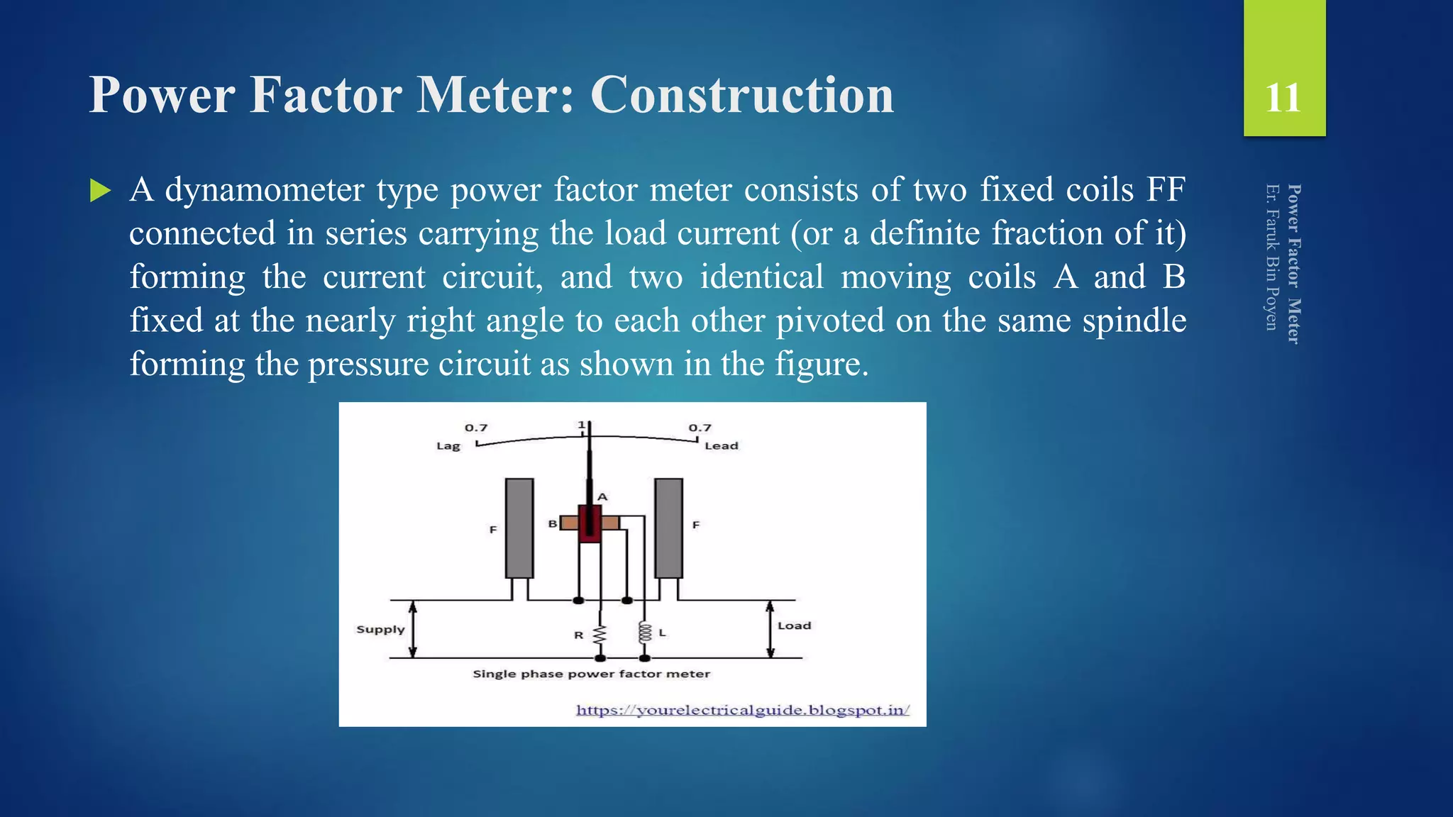 Power Factor Meter: Construction
 A dynamometer type power factor meter consists of two fixed coils FF
connected in series carrying the load current (or a definite fraction of it)
forming the current circuit, and two identical moving coils A and B
fixed at the nearly right angle to each other pivoted on the same spindle
forming the pressure circuit as shown in the figure.
11
 