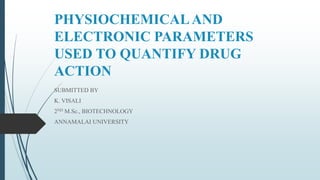 PHYSIOCHEMICALAND
ELECTRONIC PARAMETERS
USED TO QUANTIFY DRUG
ACTION
SUBMITTED BY
K. VISALI
2ND M.Sc., BIOTECHNOLOGY
ANNAMALAI UNIVERSITY
 