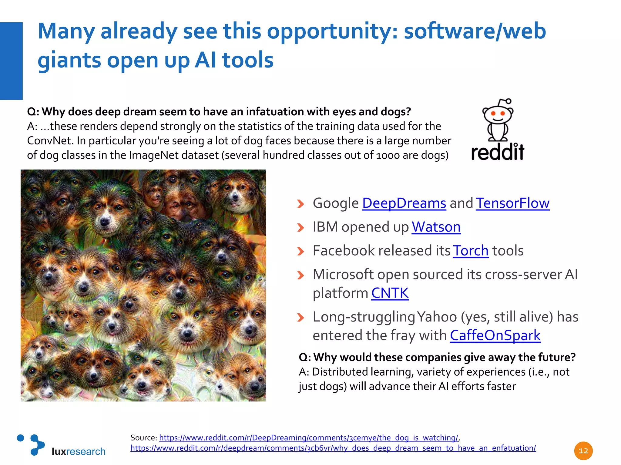 Many already see this opportunity: software/web
giants open up AI tools
Google DeepDreams andTensorFlow
IBM opened up Watson
Facebook released itsTorch tools
Microsoft open sourced its cross-serverAI
platform CNTK
Long-strugglingYahoo (yes, still alive) has
entered the fray with CaffeOnSpark
Q: Why would these companies give away the future?
A: Distributed learning, variety of experiences (i.e., not
just dogs) will advance their AI efforts faster
12
Source: https://www.reddit.com/r/DeepDreaming/comments/3cemye/the_dog_is_watching/,
https://www.reddit.com/r/deepdream/comments/3cb6vr/why_does_deep_dream_seem_to_have_an_enfatuation/
Q: Why does deep dream seem to have an infatuation with eyes and dogs?
A: …these renders depend strongly on the statistics of the training data used for the
ConvNet. In particular you're seeing a lot of dog faces because there is a large number
of dog classes in the ImageNet dataset (several hundred classes out of 1000 are dogs)
 
