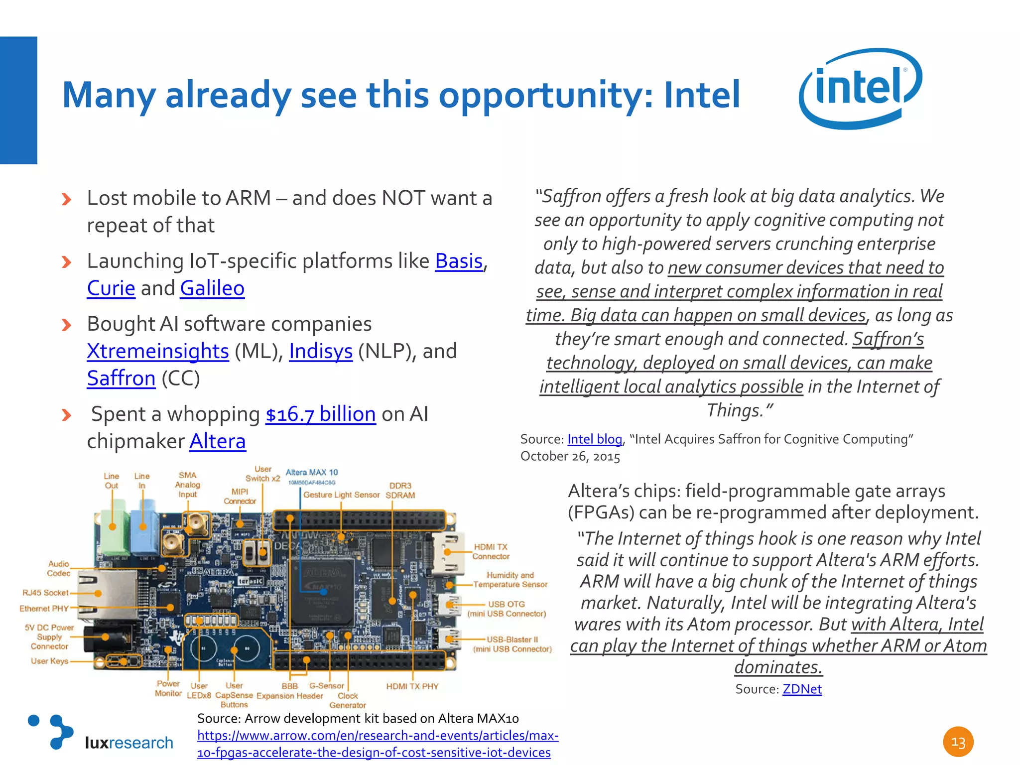 Many already see this opportunity: Intel
Lost mobile to ARM – and does NOT want a
repeat of that
Launching IoT-specific platforms like Basis,
Curie and Galileo
Bought AI software companies
Xtremeinsights (ML), Indisys (NLP), and
Saffron (CC)
Spent a whopping $16.7 billion on AI
chipmaker Altera
“Saffron offers a fresh look at big data analytics.We
see an opportunity to apply cognitive computing not
only to high-powered servers crunching enterprise
data, but also to new consumer devices that need to
see, sense and interpret complex information in real
time. Big data can happen on small devices, as long as
they’re smart enough and connected.Saffron’s
technology, deployed on small devices, can make
intelligent local analytics possible in the Internet of
Things.”
Source: Intel blog, “Intel Acquires Saffron for Cognitive Computing”
October 26, 2015
13
Source: Arrow development kit based on Altera MAX10
https://www.arrow.com/en/research-and-events/articles/max-
10-fpgas-accelerate-the-design-of-cost-sensitive-iot-devices
Altera’s chips: field-programmable gate arrays
(FPGAs) can be re-programmed after deployment.
“The Internet of things hook is one reason why Intel
said it will continue to support Altera's ARM efforts.
ARM will have a big chunk of the Internet of things
market. Naturally, Intel will be integrating Altera's
wares with its Atom processor. But with Altera, Intel
can play the Internet of things whether ARM or Atom
dominates.
Source: ZDNet
 