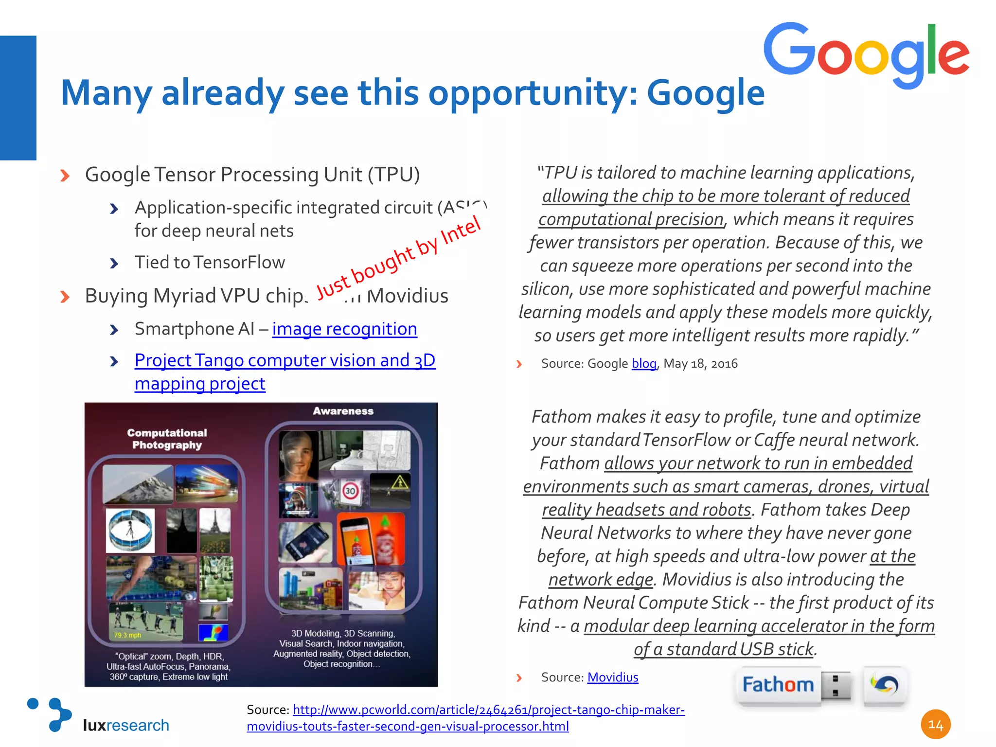Many already see this opportunity: Google
GoogleTensor Processing Unit (TPU)
Application-specific integrated circuit (ASIC)
for deep neural nets
Tied toTensorFlow
Buying MyriadVPU chips from Movidius
Smartphone AI – image recognition
ProjectTango computer vision and 3D
mapping project
“TPU is tailored to machine learning applications,
allowing the chip to be more tolerant of reduced
computational precision, which means it requires
fewer transistors per operation. Because of this, we
can squeeze more operations per second into the
silicon, use more sophisticated and powerful machine
learning models and apply these models more quickly,
so users get more intelligent results more rapidly.”
Source: Google blog, May 18, 2016
Fathom makes it easy to profile, tune and optimize
your standardTensorFlow or Caffe neural network.
Fathom allows your network to run in embedded
environments such as smart cameras, drones, virtual
reality headsets and robots. Fathom takes Deep
Neural Networks to where they have never gone
before, at high speeds and ultra-low power at the
network edge. Movidius is also introducing the
Fathom Neural Compute Stick -- the first product of its
kind -- a modular deep learning accelerator in the form
of a standardUSB stick.
Source: Movidius
14
Source: http://www.pcworld.com/article/2464261/project-tango-chip-maker-
movidius-touts-faster-second-gen-visual-processor.html
 
