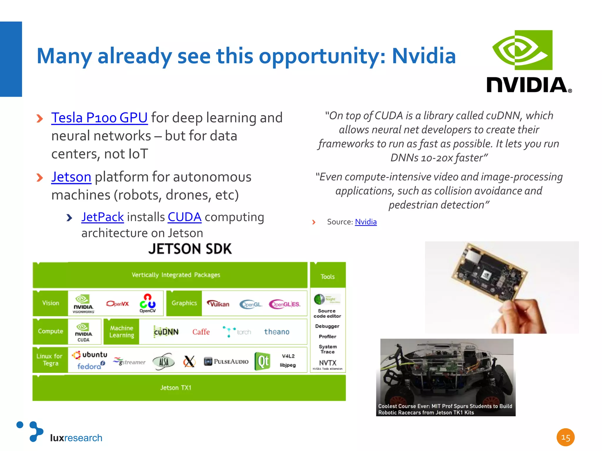 Many already see this opportunity: Nvidia
Tesla P100 GPU for deep learning and
neural networks – but for data
centers, not IoT
Jetson platform for autonomous
machines (robots, drones, etc)
JetPack installs CUDA computing
architecture on Jetson
“On top of CUDA is a library called cuDNN, which
allows neural net developers to create their
frameworks to run as fast as possible. It lets you run
DNNs 10-20x faster”
“Even compute-intensive video and image-processing
applications, such as collision avoidance and
pedestrian detection”
Source: Nvidia
15
 