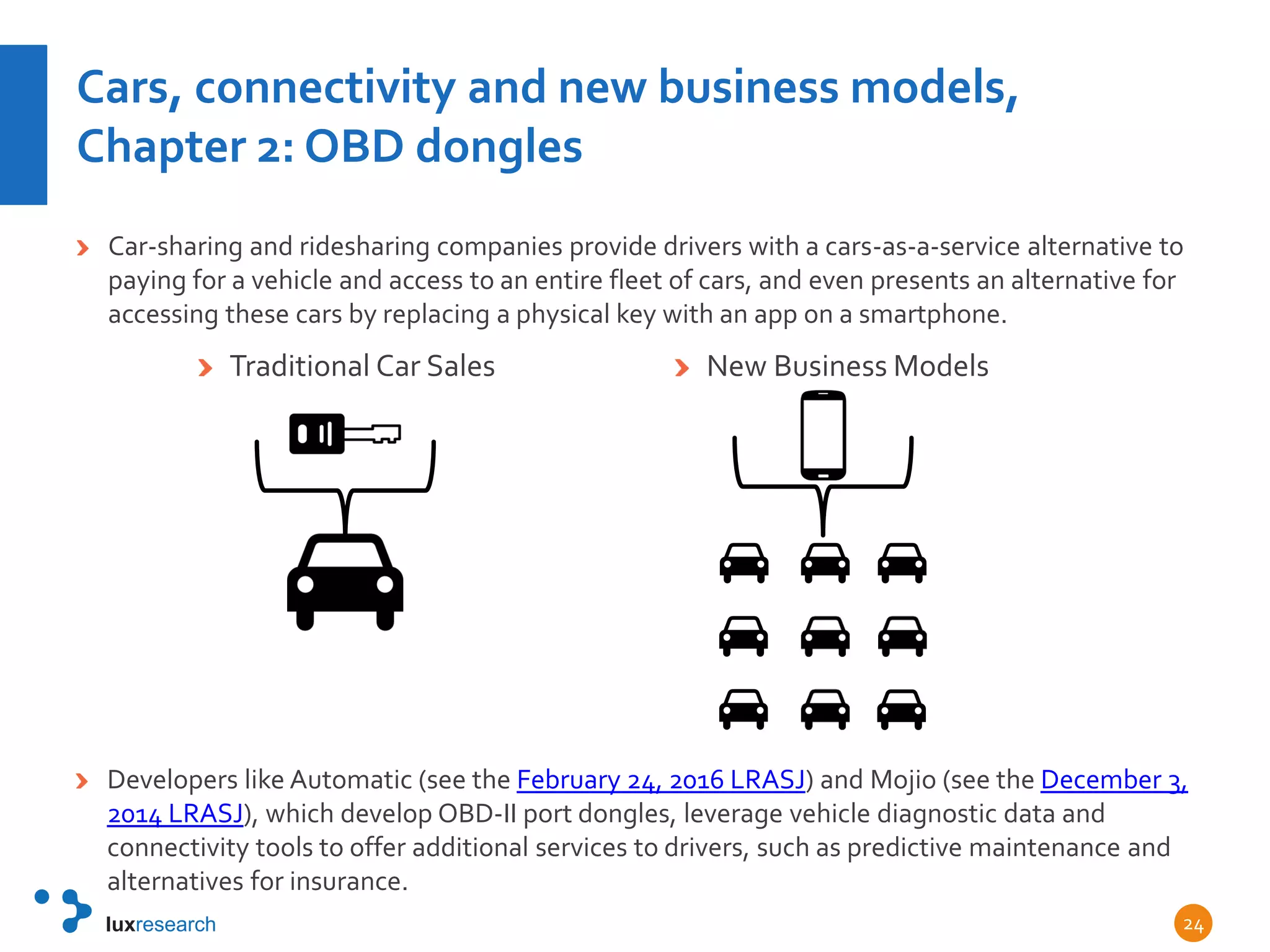 Cars, connectivity and new business models,
Chapter 2: OBD dongles
Car-sharing and ridesharing companies provide drivers with a cars-as-a-service alternative to
paying for a vehicle and access to an entire fleet of cars, and even presents an alternative for
accessing these cars by replacing a physical key with an app on a smartphone.
24
Traditional Car Sales New Business Models
Developers like Automatic (see the February 24, 2016 LRASJ) and Mojio (see the December 3,
2014 LRASJ), which develop OBD-II port dongles, leverage vehicle diagnostic data and
connectivity tools to offer additional services to drivers, such as predictive maintenance and
alternatives for insurance.
 