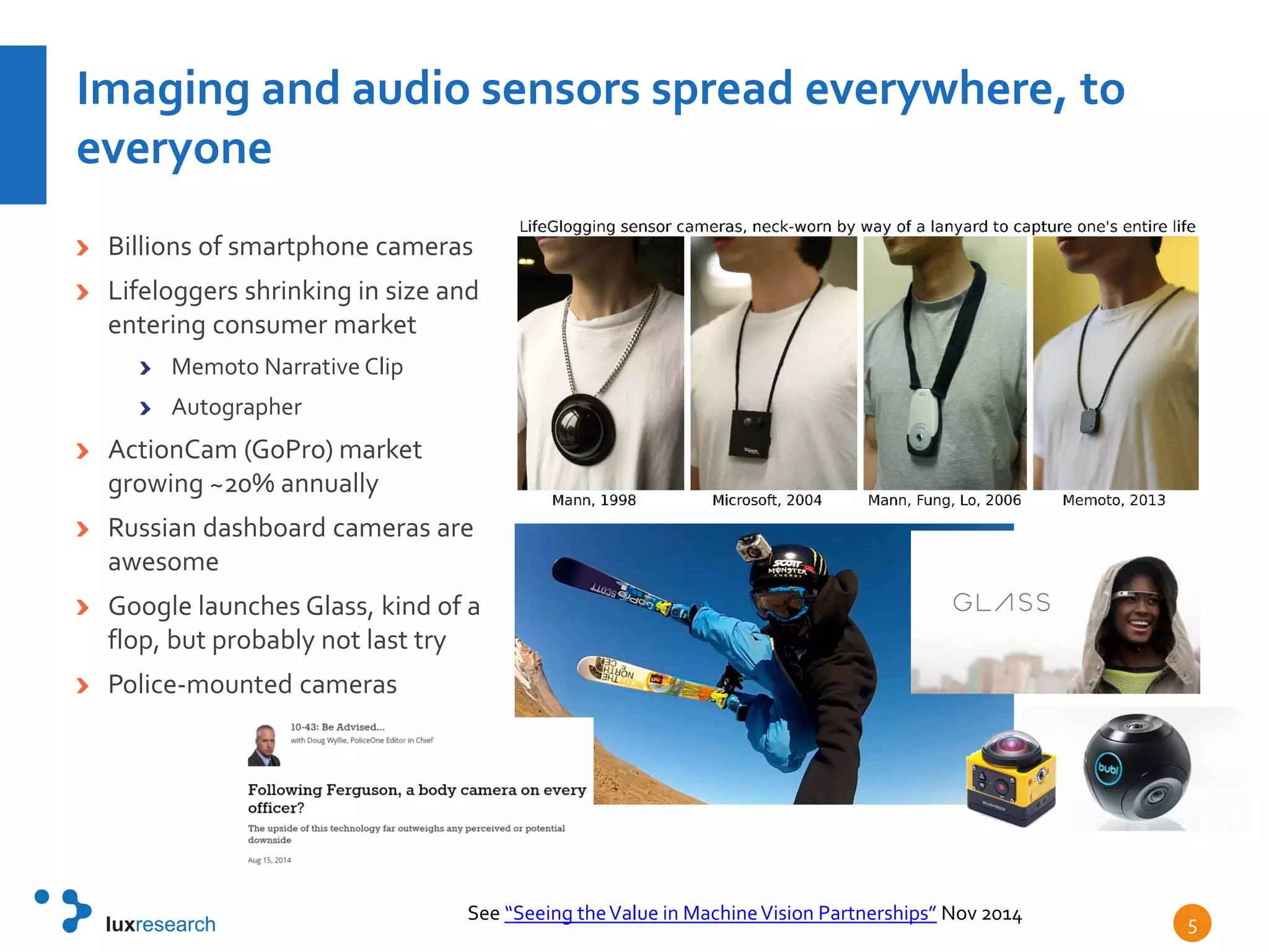 Imaging and audio sensors spread everywhere, to
everyone
Billions of smartphone cameras
Lifeloggers shrinking in size and
entering consumer market
Memoto Narrative Clip
Autographer
ActionCam (GoPro) market
growing ~20% annually
Russian dashboard cameras are
awesome
Google launches Glass, kind of a
flop, but probably not last try
Police-mounted cameras
5See “Seeing theValue in MachineVision Partnerships” Nov 2014
 
