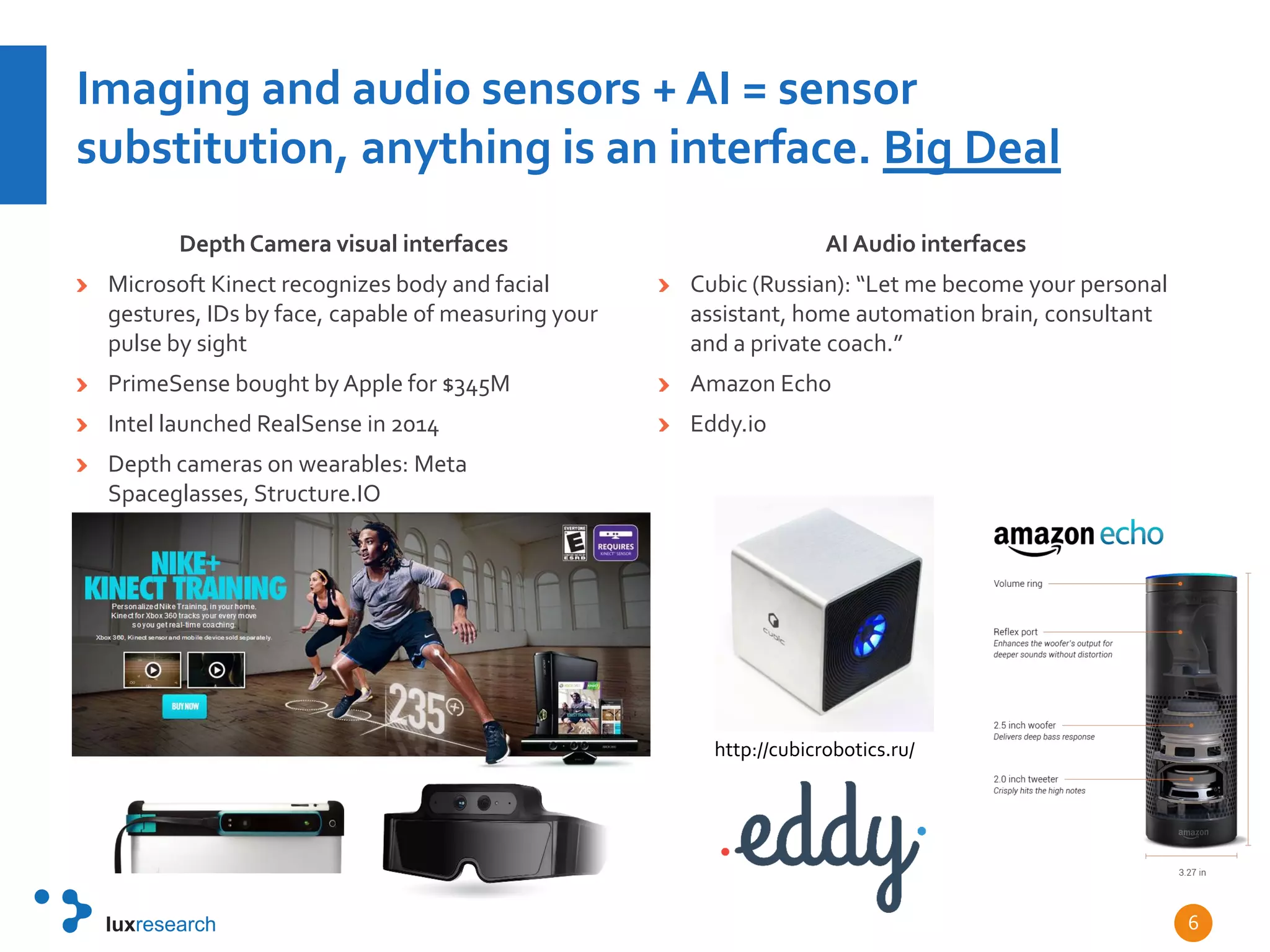 Imaging and audio sensors + AI = sensor
substitution, anything is an interface. Big Deal
Depth Camera visual interfaces
Microsoft Kinect recognizes body and facial
gestures, IDs by face, capable of measuring your
pulse by sight
PrimeSense bought by Apple for $345M
Intel launched RealSense in 2014
Depth cameras on wearables: Meta
Spaceglasses, Structure.IO
AI Audio interfaces
Cubic (Russian): “Let me become your personal
assistant, home automation brain, consultant
and a private coach.”
Amazon Echo
Eddy.io
6
http://cubicrobotics.ru/
 
