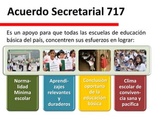 Acuerdo Secretarial 717
Norma-
lidad
Mínima
escolar
Aprendi-
zajes
relevantes
y
duraderos
Conclusión
oportuna
de la
educación
básica
Clima
escolar de
conviven-
cia sana y
pacífica
Es un apoyo para que todas las escuelas de educación
básica del país, concentren sus esfuerzos en lograr:
 
