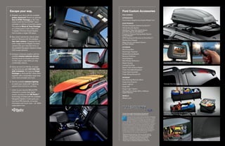 escape your way.                                        ford custom accessories
A. Brighten your drive with the available               Also available:
   power moonroof. There’s an optional                  APPEARANCE
   sun & syNc package on XLT that                       Ford Custom Graphics by Original Wraps, Inc.1
                                                                                              TM


   mixes it with the Ford SYNC® voice-
                                                        ELECTRONICS
   activated, in-vehicle connectivity system.
   The optional moon & tune package                     Portable Navigation Systems by Garmin®1
   on Limited pairs it with a 320-watt,                 Vehicle Security System
   7-speaker Premium Sound System                       HitchScanTM Rear Park Assist Sensor
                                                        and Hitch Step by EchoMaster®1
   that includes a single-CD player.
                                                        Forward or Reverse Parking Assist System
                                                        by EchoMaster1
B. See what’s behind the vehicle when
                                                        GPS Tracking and Recovery by SmartAlertTM1
   you’re in Reverse with the available                                                                                     Racks and Carriers by THULE®1
                                                        Keyless Entry Keypad
   rear view camera. It displays the full-
                                                        Wiper De-Icer and Debris Cleaner
   color image from its liftgate-mounted                by Wiper Shaker1
   camera onto your rearview mirror or          a
   the available Navigation System’s large              EXTERIOR
   LCD screen (shown).                          b   c   Roof Cross Bars
                                                        Hard Cargo Organizer
C. Conquer inclement weather with the                   Molded Running Boards
   available heated sideview mirrors.                   Moonroof Deflector
   Just the touch of a button puts them                 Hood Deflector
   on their way to clear while you stay                 Side Window Deflectors
   comfortably indoors.                                 Splash Guards                                                       Dual Headrest DVD by INVISIONTM1           Remote Start Systems
                                                        Locking Fuel Plug
D. Carry as much as 100 lbs. of cargo                   Sportz® SUV Tents by Napier1
   up top when you add roof side rails                  Trailer Hitch Balls/Drawbars 2
   with crossbars. The optional cargo                   Trailer Hitch Assembly2
   package on XLS and XLT offers them
                                                        Trailer Wiring Harness Kit2
   together with a retractable cargo area
   cover and a lockable wet trunk.                      INTERIOR
                                                        Auto-Dimming Rearview Mirror
E. Set the available ambient lighting                   Cargo Area Protector
   to match your mood with 7 glowing                    Interior Light Kit                                                  Paintable Rear Roof Spoiler
   options from red hot to cool blue.                   Cargo Net
                                                        Cargo-Logic® System
• Listen to your favorite AM and FM
                                                        Ash Cup/Coin Holder With or Without
  channels in crystal-clear digital                     Lighter Element
  sound, courtesy of new hd radiotm
                                                        WHEELS
  technology included with the available
                                                        Wheel Locks
  Navigation System. It also gives you
  new local FM channels, on-screen
  information and much more – all 100%          d
  subscription-free.



                                                        To learn more about Ford Custom Accessories
                                                                                                                            Soft Cargo Organizers (Large and Standard Sizes)
                                                        and to shop online, visit fordaccessories.com.                      and Soft Cargo Cooler Bag
                                                                 Genuine Ford Accessories will be warranted for whichever
                                                                 provides you the greatest benefit: 12 months or 12,000
                                                                 miles (whichever occurs first), or the remainder of your
                                                                 Bumper-to-Bumper 3-year/36,000-mile New Vehicle
                                                        Limited Warranty. Contact your local Ford Dealer for details
                                                        and a copy of the limited warranty. Ford Licensed Accessories
                                                        (FLA) are warranted by the accessory manufacturer’s warranty.
                                                        Ford Licensed Accessories are fully designed and developed
                                                        by the accessory manufacturer and have not been designed
                                                        or tested to Ford Motor Company engineering requirements.
                                                        Contact your Ford Dealer for details regarding the manufacturer’s
                                                        limited warranty and/or a copy of the FLA product limited
                                                        warranty offered by the accessory manufacturer.
                                                        1
                                                            Ford Licensed Accessories. 2 Not for use with Hybrid.
                                                            THULE is a registered trademark of Thule Sweden AB.
                                                            INVISION is a trademark of Audiovox Corporation.
                                                            Garmin is a registered trademark of Garmin Ltd.
                                                e           SmartAlert is a registered trademark of Inilex, Inc.            Cargo Security Shade                       All-Weather Floor Mats
                                                            Cargo-Logic is a registered trademark of Lund, Inc.
 