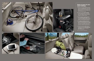 plenty of space for your
            latest challenge.
            A. With the rear seats folded flat, Escape
               delivers up to 67.2 cu. ft. of wide-open
               space. And even with the seats up, you
               still get up to 31.4 cu. ft. of space to fill
               with everything you need.

            B. Inside the standard floor console:
               a 3-tier storage system, 2 removable
               bins, and a hidden storage area deep
               enough for a laptop or purse.

            C. Escape Hybrid is uniquely equipped
               with a 110-volt power outlet.1 Use it
               to charge your laptop, personal gaming
               system, or other portable electronics.

            D. This hidden, lockable wet trunk is
               perfect for keeping valuables out of sight.
               It’s found in the available Cargo Package,
               along with a retractable cargo area
               cover and a 100-lb.-capacity roof rack.

            E. Tip-fold-flat latches make it easy to
               configure the standard 60/40 split-fold
               rear seats to fit your immediate
               gear-hauling needs.
            1
                See your owner’s guide for complete details.

A       B

C   d                                                          E
 