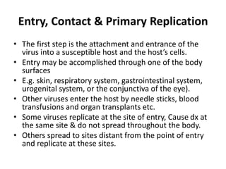 Entry, Contact & Primary Replication
• The first step is the attachment and entrance of the
virus into a susceptible host and the host’s cells.
• Entry may be accomplished through one of the body
surfaces
• E.g. skin, respiratory system, gastrointestinal system,
urogenital system, or the conjunctiva of the eye).
• Other viruses enter the host by needle sticks, blood
transfusions and organ transplants etc.
• Some viruses replicate at the site of entry, Cause dx at
the same site & do not spread throughout the body.
• Others spread to sites distant from the point of entry
and replicate at these sites.
 