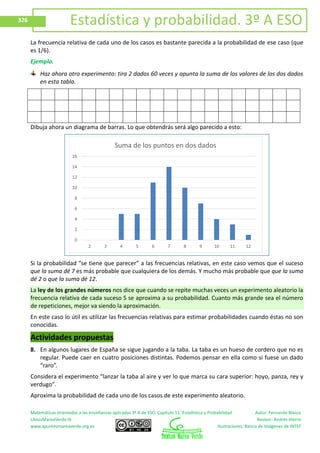 Matemáticas orientadas a las enseñanzas aplicadas 3º A de ESO. Capítulo 11: Estadística y Probabilidad Autor: Fernando Blasco
LibrosMareaVerde.tk Revisor: Andrés Hierro
www.apuntesmareaverde.org.es Ilustraciones: Banco de Imágenes de INTEF
326 Estadística y probabilidad. 3º A ESO
La frecuencia relativa de cada uno de los casos es bastante parecida a la probabilidad de ese caso (que
es 1/6).
Ejemplo.
Haz ahora otro experimento: tira 2 dados 60 veces y apunta la suma de los valores de los dos dados
en esta tabla.
Dibuja ahora un diagrama de barras. Lo que obtendrás será algo parecido a esto:
Si la probabilidad “se tiene que parecer” a las frecuencias relativas, en este caso vemos que el suceso
que la suma dé 7 es más probable que cualquiera de los demás. Y mucho más probable que que la suma
dé 2 o que la suma dé 12.
La ley de los grandes números nos dice que cuando se repite muchas veces un experimento aleatorio la
frecuencia relativa de cada suceso S se aproxima a su probabilidad. Cuanto más grande sea el número
de repeticiones, mejor va siendo la aproximación.
En este caso lo útil es utilizar las frecuencias relativas para estimar probabilidades cuando éstas no son
conocidas.
Actividades propuestas
8. En algunos lugares de España se sigue jugando a la taba. La taba es un hueso de cordero que no es
regular. Puede caer en cuatro posiciones distintas. Podemos pensar en ella como si fuese un dado
“raro”.
Considera el experimento “lanzar la taba al aire y ver lo que marca su cara superior: hoyo, panza, rey y
verdugo”.
Aproxima la probabilidad de cada uno de los casos de este experimento aleatorio.
0
2
4
6
8
10
12
14
16
2 3 4 5 6 7 8 9 10 11 12
Suma de los puntos en dos dados
 