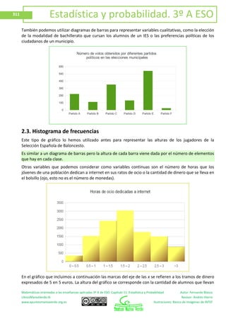 Matemáticas orientadas a las enseñanzas aplicadas 3º A de ESO. Capítulo 11: Estadística y Probabilidad Autor: Fernando Blasco
LibrosMareaVerde.tk Revisor: Andrés Hierro
www.apuntesmareaverde.org.es Ilustraciones: Banco de Imágenes de INTEF
311 Estadística y probabilidad. 3º A ESO
También podemos utilizar diagramas de barras para representar variables cualitativas, como la elección
de la modalidad de bachillerato que cursan los alumnos de un IES o las preferencias políticas de los
ciudadanos de un municipio.
2.3. Histograma de frecuencias
Este tipo de gráfico lo hemos utilizado antes para representar las alturas de los jugadores de la
Selección Española de Baloncesto.
Es similar a un diagrama de barras pero la altura de cada barra viene dada por el número de elementos
que hay en cada clase.
Otras variables que podemos considerar como variables continuas son el número de horas que los
jóvenes de una población dedican a internet en sus ratos de ocio o la cantidad de dinero que se lleva en
el bolsillo (ojo, esto no es el número de monedas).
En el gráfico que incluimos a continuación las marcas del eje de las x se refieren a los tramos de dinero
expresados de 5 en 5 euros. La altura del gráfico se corresponde con la cantidad de alumnos que llevan
Partido A Partido B Partido C Partido D Partido E Partido F
0
100
200
300
400
500
600
Número de votos obtenidos por diferentes partidos
políticos en las elecciones municipales
 