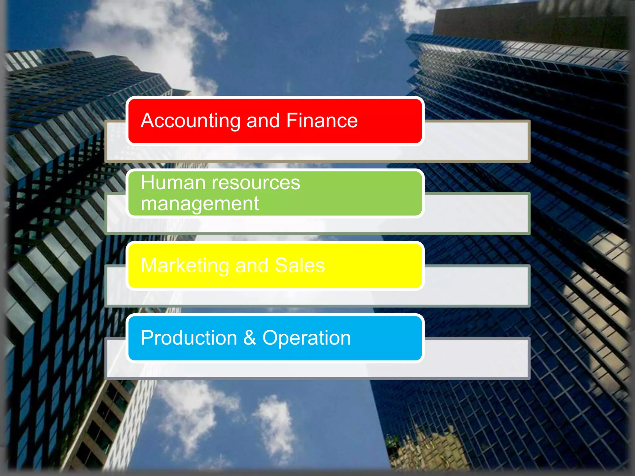 Accounting and Finance
Human resources
management
Marketing and Sales

Production & Operation

 
