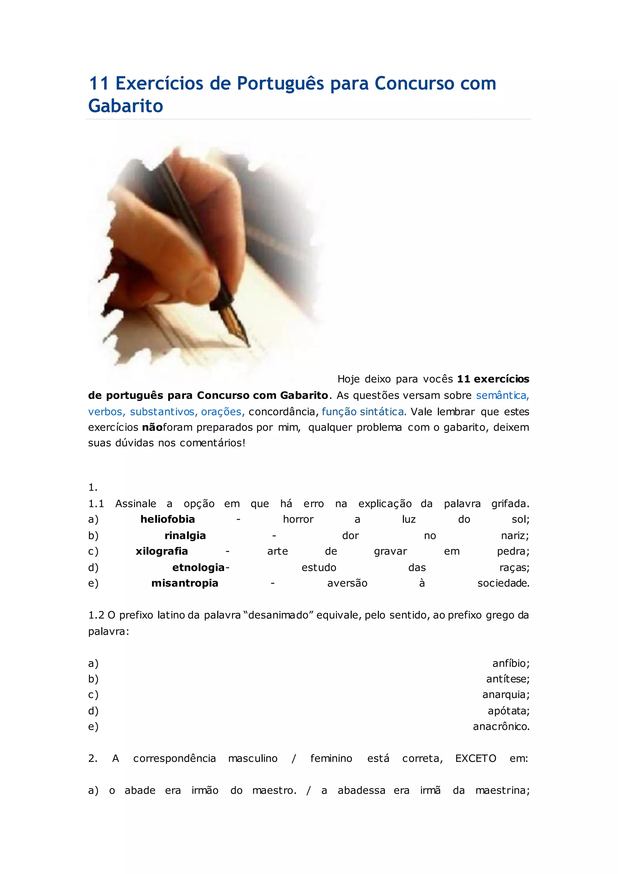 11 exercícios de português para concurso com gabarito | PDF