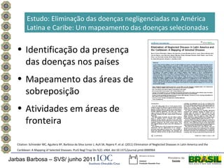 Estudo: Eliminação das doenças negligenciadas na América
          Latina e Caribe: Um mapeamento das doenças selecionadas

   • Identificação da presença
     das doenças nos países
   • Mapeamento das áreas de
     sobreposição
   • Atividades em áreas de
     fronteira

   Citation: Schneider MC, Aguilera XP, Barbosa da Silva Junior J, Ault SK, Najera P, et al. (2011) Elimination of Neglected Diseases in Latin America and the
   Caribbean: A Mapping of Selected Diseases. PLoS Negl Trop Dis 5(2): e964. doi:10.1371/journal.pntd.0000964


Jarbas Barbosa – SVS/ junho 2011
 