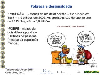 Pobreza e desigualdade

  * MISERÁVEL - menos de um dólar por dia – 1,2 bilhões em
  1987 – 1,5 bilhões em 2002. As previsões são de que no ano
  de 2015 chegarão a 1,9 bilhões.

  •POBRE - menos de
  dois dólares por dia –
  3 bilhões de pessoas
  (metade da população
  mundial).
                                      (Kliksberg, 2002.p.31).




Tania Araújo-Jorge, 2011
Carla Lima, 2010
 