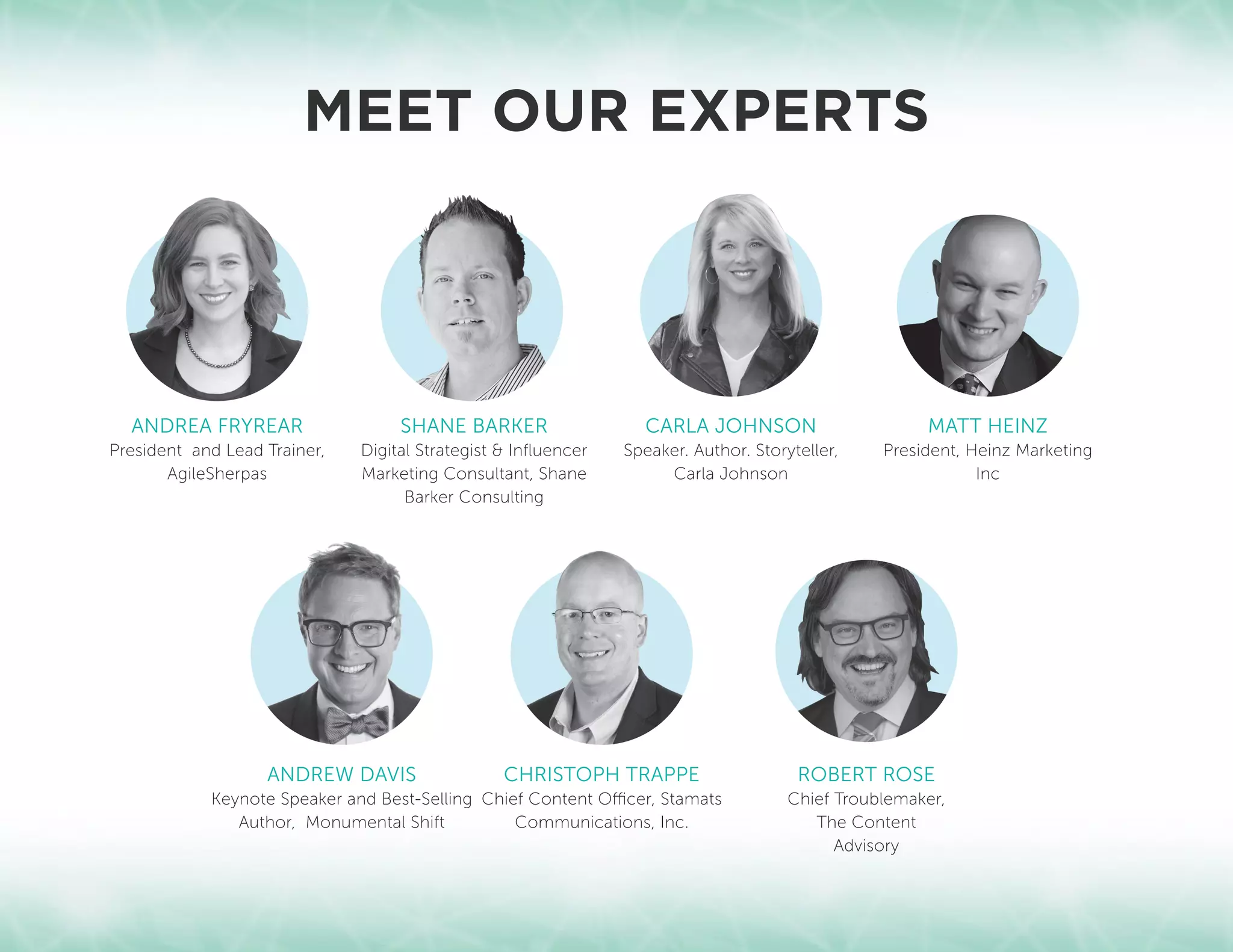 MEET OUR EXPERTS
ANDREA FRYREAR
President and Lead Trainer,
AgileSherpas
ANDREW DAVIS
Keynote Speaker and Best-Selling
Author, Monumental Shift
SHANE BARKER
Digital Strategist  Influencer
Marketing Consultant, Shane
Barker Consulting
CHRISTOPH TRAPPE
Chief Content Officer, Stamats
Communications, Inc.
CARLA JOHNSON
Speaker. Author. Storyteller,
Carla Johnson
ROBERT ROSE
Chief Troublemaker,
The Content
Advisory
MATT HEINZ
President, Heinz Marketing
Inc
 