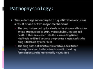 Pathophysiology:
 Tissue damage secondary to drug infiltration occurs as
a result of one of two major mechanisms
 The drug is absorbed by local cells in the tissue and binds to
critical structures (e.g. DNA, microtubules), causing cell
death. It then is released into the surrounding tissue.
Healing is inhibited because the process is repeated as the
drug is taken up by other cells
 The drug does not bind to cellular DNA. Local tissue
damage is caused by the solvents used in the drug
formulations and is more readily neutralized
 