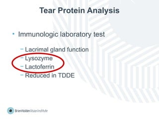Tear Protein Analysis
• Immunologic laboratory test
− Lacrimal gland function
− Lysozyme
− Lactoferrin
− Reduced in TDDE
 