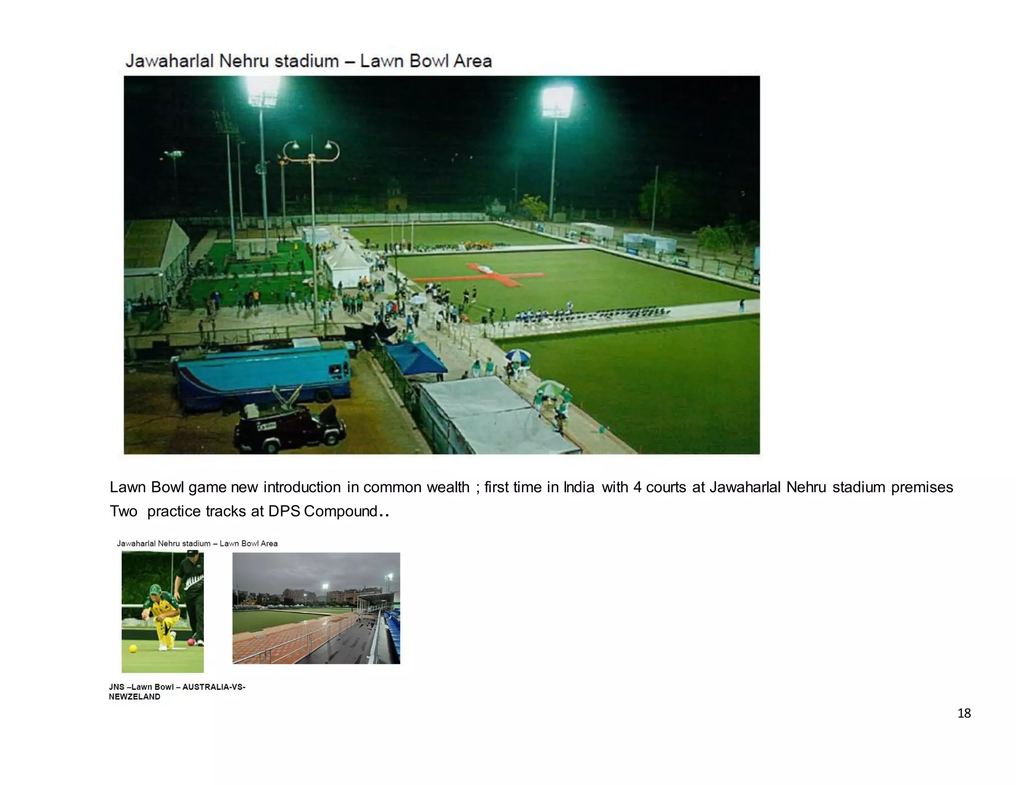 18
Lawn Bowl game new introduction in common wealth ; first time in India with 4 courts at Jawaharlal Nehru stadium premises
Two practice tracks at DPS Compound..
 
