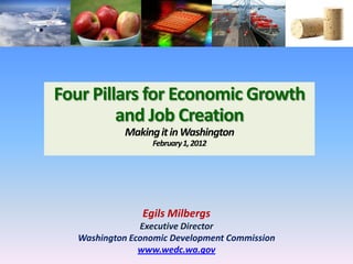 Egils Milbergs
Executive Director
Washington Economic Development Commission
www.wedc.wa.gov
Four Pillars for Economic Growth
and Job Creation
MakingitinWashington
February1,2012
 