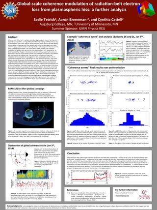 BARREL/Van	
  Allen	
  probes	
  campaign	
  
	
  
Global-­‐scale	
  coherence	
  modula;on	
  of	
  radia;on-­‐belt	
  electron	
  
	
  loss	
  from	
  plasmaspheric	
  hiss:	
  a	
  further	
  analysis	
  
	
  
Sadie	
  Tetrick1,	
  Aaron	
  Breneman	
  2,	
  and	
  Cynthia	
  CaGell2	
  
1Augsburg	
  College,	
  MN,	
  2University	
  of	
  Minnesota,	
  MN	
  	
  
Summer	
  Sponsor:	
  UMN	
  Physics	
  REU	
  
	
  
	
  Abstract	
  
Enhancements	
  of	
  the	
  Earth’s	
  radiaDon	
  belts	
  during	
  geomagneDc	
  storms	
  –	
  an	
  important	
  
aspect	
  of	
  space	
  weather	
  –	
  strongly	
  eﬀects	
  the	
  lifeDme	
  of	
  orbiDng	
  satellites	
  and	
  accuracy	
  
of	
  technologies,	
  such	
  as	
  GPS,	
  that	
  our	
  society	
  has	
  come	
  to	
  rely	
  upon.	
  In	
  the	
  high-­‐density	
  
plasma	
  region	
  that	
  overlaps	
  with	
  the	
  radiaDon	
  belts,	
  called	
  the	
  plasmasphere,	
  a	
  wave	
  
called	
  hiss	
  plays	
  a	
  dominant	
  role	
  in	
  reducing	
  radiaDon	
  belt	
  energy	
  levels	
  back	
  to	
  nominal	
  
levels	
  following	
  enhancements.	
  The	
  recent	
  Nature	
  arDcle	
  “Global-­‐scale	
  coherence	
  
modulaDon	
  of	
  radiaDon-­‐belt	
  electron	
  loss	
  from	
  plasmaspheric	
  hiss”	
  (Breneman	
  et.	
  al.,	
  
2015)	
  1	
  showed	
  that	
  changes	
  in	
  the	
  dynamics	
  of	
  electron	
  loss,	
  caused	
  by	
  hiss,	
  occur	
  on	
  
Dmescales	
  as	
  short	
  as	
  one	
  to	
  twenty	
  minutes,	
  and	
  that	
  these	
  loss	
  dynamics	
  are	
  coherent	
  
with	
  hiss	
  dynamics	
  on	
  a	
  global	
  scale.	
  The	
  cause	
  of	
  this	
  coherence	
  is	
  large-­‐scale	
  
modulaDon	
  of	
  hiss	
  caused	
  by	
  the	
  propagaDon	
  of	
  ultra	
  low	
  frequency	
  (ULF)	
  1-­‐20	
  min	
  
period	
  electromagneDc	
  waves,	
  originaDng	
  in	
  the	
  solar	
  wind.	
  This	
  discovery,	
  only	
  made	
  
possible	
  through	
  the	
  analysis	
  of	
  simultaneous	
  satellite	
  (Van	
  Allen	
  Probes)	
  and	
  Balloon	
  
Array	
  for	
  RadiaDon	
  Belt	
  RelaDvisDc	
  Electron	
  Losses	
  (BARREL)	
  datasets,	
  has	
  important	
  
implicaDons	
  for	
  simulaDon	
  and	
  predicDon	
  of	
  the	
  Earth’s	
  radiaDon	
  belt	
  environment	
  and	
  
its	
  eﬀect	
  on	
  satellites.	
  This	
  project’s	
  goal	
  was	
  to	
  further	
  our	
  understanding	
  of	
  this	
  nearly	
  
global-­‐scale	
  coherence	
  by	
  analyzing	
  the	
  enDre	
  balloon	
  dataset.	
  We	
  start	
  by	
  presenDng	
  
observaDons	
  of	
  large	
  spaDal	
  scale	
  coherence	
  of	
  electron	
  loss	
  as	
  a	
  funcDon	
  of	
  MLT	
  and	
  
Lshell	
  for	
  a	
  single	
  payload	
  combinaDon	
  (balloons	
  K	
  and	
  L)	
  during	
  a	
  geomagneDcally	
  acDve	
  
Dme	
  on	
  January	
  7,	
  2014.	
  This	
  analysis	
  was	
  repeated	
  for	
  all	
  71	
  balloon	
  combinaDons.	
  We	
  
observe	
  signiﬁcant	
  coherence	
  around	
  noon	
  MLT.	
  This	
  is	
  likely	
  caused	
  by	
  solar	
  wind	
  
structures	
  impacDng	
  the	
  bow	
  shock	
  and	
  then	
  aﬀecDng	
  the	
  	
  magnetosheath,	
  creaDng	
  
compressional	
  waves	
  which	
  propagate	
  through	
  the	
  magnetosphere.	
  The	
  results	
  of	
  this	
  
project	
  will	
  be	
  compared	
  to	
  observaDons	
  of	
  ULF	
  wave	
  populaDons	
  in	
  the	
  solar	
  wind.	
  	
  
	
  
Example	
  “coherence	
  event”	
  and	
  analysis	
  (Balloons	
  2K	
  and	
  2L,	
  Jan	
  7th,	
  
2014)	
   Figure	
  5.	
  Example	
  “coherence	
  event”	
  
between	
  balloon	
  payloads	
  2K	
  and	
  2L.	
  The	
  
ﬁrst	
  two	
  plots	
  are	
  BARREL	
  X-­‐ray	
  count	
  
rate	
  (0	
  –	
  177.6	
  keV	
  energies)	
  detrended	
  
over	
  30	
  minutes.	
  The	
  boeom	
  plot	
  is	
  the	
  	
  
coherence	
  spectra	
  for	
  1-­‐20	
  min	
  periods.	
  
Only	
  coherence	
  values	
  >=	
  0.7	
  are	
  ploeed.	
  
High	
  coherence	
  values	
  indicate	
  a	
  
likelihood	
  that	
  the	
  ﬂuctuaDons	
  on	
  the	
  
two	
  balloons	
  represent	
  the	
  same	
  
precipitaDon	
  event.	
  
	

References	
  
1A.	
  W.	
  Breneman,	
  A.	
  Halford,	
  R.	
  Millan,	
  M.	
  McCarthy,	
  J.	
  Fennell,	
  J.	
  
Sample,	
  L.	
  Woodger,	
  G.	
  Hospodarsky,	
  J.	
  R.	
  Wygant,	
  C.	
  A.	
  
Caeell,	
  J.	
  Goldstein,	
  D.	
  Malaspina	
  &	
  C.	
  A.	
  Kletzing	
  ,	
  ”	
  Global-­‐
scale	
  coherence	
  modulaDon	
  of	
  radiaDon-­‐belt	
  electron	
  loss	
  
from	
  plasmaspheric	
  hiss."	
  Nature,	
  2015.	
  
For	
  further	
  informa;on	
  
Please	
  contact	
  Sadie	
  Tetrick	
  at:	
  
	
  tetrick@augsburg.edu	
  
Acknowledgments:	
  I	
  acknowledge	
  the	
  University	
  of	
  Minnesota,	
  the	
  NaDonal	
  Science	
  FoundaDon,	
  and	
  the	
  BARREL	
  team	
  for	
  use	
  of	
  BARREL	
  data.	
  Also,	
  a	
  huge	
  thanks	
  goes	
  to	
  Aaron	
  Breneman	
  and	
  Cynthia	
  Caeell	
  for	
  their	
  support	
  and	
  help	
  
with	
  the	
  research	
  that	
  I	
  conducted.	
  I	
  also	
  would	
  like	
  to	
  thank	
  the	
  University	
  of	
  Minnesota	
  for	
  the	
  use	
  of	
  their	
  faciliDes.	
  	
  	
  
Observa;on	
  of	
  global	
  coherence	
  scale	
  (Jan	
  3rd,	
  
2014)	
  
	
  
	
  
Figure	
  3.	
  	
  (a)	
  Spectrogram	
  of	
  hiss	
  observed	
  on	
  Probe	
  A.	
  (b)	
  RMS	
  hiss	
  
amplitude	
  (black)	
  and	
  X-­‐ray	
  counts	
  (2I	
  in	
  red).	
  Despite	
  the	
  large	
  separaDon	
  in	
  
MLT	
  and	
  L,	
  both	
  2I	
  and	
  Probe	
  A	
  observe	
  similar	
  1-­‐20	
  min	
  modulaDons	
  of	
  hiss	
  
amplitude	
  and	
  X-­‐ray	
  counts	
  [Breneman	
  et	
  al.,	
  2015].	
  
	

Figure	
  4.	
  Google	
  Earth	
  mapping	
  of	
  
locaDon	
  of	
  balloons	
  2K	
  (leq)	
  and	
  
2L(right)	
  on	
  January	
  7,	
  2014	
  in	
  
AntarcDca.	
  	
  	
  
9	

However,	
  ULF	
  (1-­‐20	
  min)	
  ﬂuctuaDons	
  of	
  
density	
  and	
  magneDc	
  ﬁeld	
  cause	
  global-­‐
scale	
  coherence	
  of	
  the	
  hiss	
  source	
  
[Breneman	
  et	
  al.,	
  2015].	
  Thus	
  widely	
  spaced	
  
balloon	
  payloads	
  oqen	
  observe	
  the	
  same	
  
electron	
  loss	
  dynamics.	
  
Figure	
  2.	
  LocaDon	
  of	
  BARREL	
  balloon	
  2I	
  
and	
  Van	
  Allen	
  Probe	
  A	
  at	
  20,	
  21,	
  and	
  22	
  
UT	
  showing	
  a	
  large	
  MLT	
  and	
  L	
  
separaDon.	
  
BARREL	
  consists	
  of	
  two	
  ~6	
  week	
  campaigns	
  (each	
  with	
  18	
  balloons)	
  in	
  AntarcDca.	
  
The	
  balloons	
  measure	
  bremsstrahlung	
  X-­‐rays	
  produced	
  by	
  precipitaDng	
  
relaDvisDc	
  electrons	
  as	
  they	
  collide	
  with	
  neutrals	
  in	
  Earth's	
  atmosphere.	
  Van	
  
Allen	
  probes	
  (labeled	
  A	
  and	
  B)	
  pass	
  through	
  the	
  hiss	
  source	
  region	
  on	
  ﬁeld	
  lines	
  
that	
  connect	
  to	
  the	
  BARREL	
  balloons.	
  	
  
Figure	
  1.	
  An	
  example	
  magneDc	
  conjuncDon	
  between	
  a	
  balloon	
  and	
  probe	
  A,	
  shown	
  as	
  
the	
  shaded	
  green	
  area.	
  Electron	
  loss	
  caused	
  by	
  hiss	
  near	
  A	
  will	
  be	
  observed	
  as	
  
enhanced	
  X-­‐rays	
  on	
  the	
  balloon.	
  Probe	
  B	
  is	
  not	
  in	
  conjuncDon	
  with	
  the	
  balloon,	
  and	
  a-­‐
priori	
  we	
  wouldn’t	
  expect	
  loss	
  near	
  B	
  to	
  be	
  observed	
  on	
  the	
  balloon.	
  	
  	
  
	

100
0.01
0.1
1
10
-20
-10
0
10
20
30
2000 2100 2200hhmm
2014 Jan 03
30
Frequency(Hz)
500
DetrendedhissRMSintensity
from30-500Hz(pT)
VanAllenProbeA
3
2
1
|MLT|(hrs)MLT(hrs)L
20
16
12
6
4
2
Magneticfieldspectralpower
(pT2
/Hz)
DetrendedballoonI
X-raycounts/sec
750
500
250
0
-250
-500
-750
Balloon I
Van Allen Probe A
Slot region
Outer plasmasphere
(a)
(b)
(c)
(e)
(d)
3
2
1
0
|L|(RE
)
20:00	

21:00	

22:00	

Conclusion	
  
	
  ObservaDons	
  of	
  large	
  spaDal	
  scale	
  coherence	
  of	
  electron	
  loss	
  have	
  been	
  presented	
  as	
  a	
  funcDon	
  of	
  MLT	
  and	
  L	
  for	
  the	
  enDre	
  balloon	
  data	
  
set	
  for	
  clear	
  “coherence	
  events”.	
  We	
  expected	
  to	
  see	
  larger	
  coherence	
  at	
  noon	
  MLT	
  and	
  possibly	
  at	
  the	
  ﬂanks	
  (occur	
  a	
  few	
  hours	
  before	
  
and	
  aqer	
  noon)	
  which	
  may	
  correspond	
  to	
  Kelvin-­‐Helmholz	
  waves.	
  Our	
  ﬁndings	
  reﬂect	
  the	
  expected	
  results	
  for	
  coherence	
  at	
  noon	
  MLT.	
  
This	
  study	
  will	
  be	
  conDnued	
  to	
  improve	
  the	
  quality	
  of	
  recorded	
  coherence	
  events	
  throughout	
  the	
  enDre	
  mission.	
  The	
  results	
  will	
  then	
  be	
  
compared	
  to	
  ULF	
  wave	
  populaDons	
  in	
  the	
  solar	
  wind,	
  illuminaDng	
  which	
  wave	
  populaDons	
  are	
  “geoeﬀecDve”,	
  i.e.	
  have	
  a	
  signiﬁcant	
  eﬀect	
  
on	
  radiaDon	
  belt	
  electron	
  loss	
  dynamics.	
  These	
  results	
  will	
  be	
  expanded	
  to	
  all	
  balloon	
  payload	
  combinaDons	
  to	
  provide	
  the	
  ﬁrst	
  ever	
  
survey	
  of	
  the	
  large	
  scale	
  coherence	
  of	
  electron	
  loss	
  in	
  the	
  magnetosphere.	
  	
  
	

“Coherence	
  events”	
  ﬁnal	
  results	
  over	
  en;re	
  mission	
  	
  
	

Figures	
  6	
  and	
  7.	
  ObservaDons	
  of	
  large	
  spaDal	
  scale	
  coherence	
  of	
  
electron	
  loss	
  as	
  a	
  funcDon	
  of	
  MLT	
  for	
  when	
  payload	
  combinaDons	
  
are	
  inside	
  the	
  plasmasphere	
  (top	
  plot)	
  and	
  outside	
  (middle	
  plot)	
  for	
  
balloons	
  2K	
  and	
  2L.	
  Maximum	
  coherence	
  values	
  (0.7	
  or	
  greater)	
  for	
  
each	
  Dme	
  in	
  1	
  –	
  20	
  min.	
  periods	
  (total	
  of	
  118	
  coherence	
  values	
  per	
  
Dme	
  sampled)	
  were	
  ploeed.	
  	
  
	
  
Figure	
  8.	
  Histogram	
  of	
  the	
  number	
  of	
  samples	
  at	
  each	
  MLT	
  value.	
  	
  	
  
Figures	
  9	
  and	
  10.	
  ObservaDons	
  of	
  large	
  spaDal	
  scale	
  coherence	
  of	
  
electron	
  loss	
  as	
  a	
  funcDon	
  of	
  L	
  for	
  when	
  payload	
  combinaDons	
  are	
  
inside	
  the	
  plasmasphere	
  (top	
  plot)	
  and	
  outside	
  (middle	
  plot)	
  for	
  
balloons	
  2K	
  and	
  2L.	
  Maximum	
  coherence	
  values	
  (0.7	
  or	
  greater)	
  for	
  
each	
  Dme	
  in	
  1	
  –	
  20	
  min.	
  periods	
  (total	
  of	
  118	
  coherence	
  values	
  per	
  
Dme	
  sampled)	
  were	
  ploeed.	
  	
  
	
  
Figure	
  11.	
  Histogram	
  of	
  the	
  number	
  of	
  samples	
  at	
  each	
  Lshell	
  value.	
  	
  
There	
  are	
  71	
  balloon	
  combinaDons	
  that	
  will	
  be	
  used	
  to	
  calculate	
  large	
  spaDal	
  scale	
  coherence.	
  Results	
  below	
  include	
  combinaDons	
  IK,	
  IL,	
  
IW,	
  KL,	
  and	
  KW	
  over	
  the	
  enDre	
  mission.	
  	
  
MLT	

 Lshell	

Number of Samples vs. MLT	

 Number of Samples vs. Lshell	

Maximum coherence (outside plasmasphere) vs. MLT	

 Maximum coherence (outside plasmasphere) vs. Lshell	

Maximum coherence (inside plasmasphere) vs. MLT	

 Maximum coherence (inside plasmasphere) vs. Lshell	

MaximumCoherence	

MaximumCoherence	

NumberofSamples	

MaximumCoherence	

MaximumCoherence	

NumberofSamples	

KLCoherence
Logarithmic	

16:00	

17:00	

18:00	

2K	

2L	

20
40
60
80
100
120
140
BARREL
PeakDetector
2L
0000
Jan 07
0800 1600 0000
Jan 08
hhmm
2014
Flowpressure
(nPa)
Figure	
  12.	
  ULF	
  wave	
  populaDons	
  in	
  the	
  solar	
  wind	
  
(black)	
  compared	
  to	
  BARREL	
  peak	
  detector	
  on	
  payload	
  
2L	
  (red)	
  for	
  Jan.	
  7,	
  2014.	
  	
  	
  	
  
6.	
  
7.	
  
8.	
  
9.	
  
10.	
  
11.	
  
 