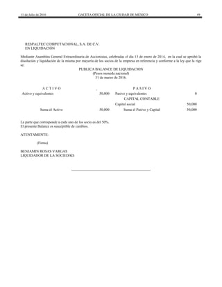 11 de Julio de 2016 GACETA OFICIAL DE LA CIUDAD DE MÉXICO 49
RESPALTEC COMPUTACIONAL, S.A. DE C.V.
EN LIQUIDACIÓN
Mediante Asamblea General Extraordinaria de Accionistas, celebradas el día 13 de enero de 2014, en la cual se aprobó la
disolución y liquidación de la misma por mayoría de los socios de la empresa en referencia y conforme a la ley que la rige
se:
PUBLICA BALANCE DE LIQUIDACION
(Pesos moneda nacional)
31 de marzo de 2016.
A C T I V O P A S I V O
Activo y equivalentes 50,000 Pasivo y equivalentes 0
CAPITAL CONTABLE
Capital social 50,000
Suma el Activo 50,000 Suma el Pasivo y Capital 50,000
La parte que corresponde a cada uno de los socio es del 50%.
El presente Balance es susceptible de cambios.
ATENTAMENTE:
(Firma)
BENJAMIN ROSAS VARGAS
LIQUIDADOR DE LA SOCIEDAD.
 