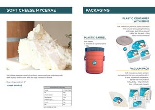 Soft cheese made exclusively from fresh, pasteurized goat and sheep milk,
with slightly acidic flavor, with also high content of calcium.
Keep refrigerated at 2-4°
SOFT CHEESE MYCENAE PACKAGING
PLASTIC CONTAINER
WITH BRINE
PLASTIC BARREL
Soft cheese ,
is available in a plastic barrel
55kg
VACUUM PACK
Soft cheese in a plastic airtight
packaging, so that you can easily store it
in your household refrigerator.
Find in vacuum packs of
0,2kg, 0,3kg, 2kg rectangle
and 3,5 vacuum triangle
￼ Soft cheese in a practical plastic container
￼ with natural brine, giving freshness
and longer shelf-life. in sizes of
0,4kg, 1kg, 2kg and 35kg
plastic round container
*Greek Product
 