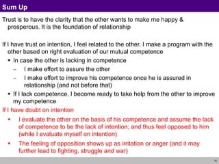 16
Sum Up
Trust is to have the clarity that the other wants to make me happy &
prosperous. It is the foundation of relationship
If I have trust on intention, I feel related to the other. I make a program with the
other based on right evaluation of our mutual competence
 In case the other is lacking in competence
 I make effort to assure the other
 I make effort to improve his competence once he is assured in
relationship (and not before that)
 If I lack competence, I become ready to take help from the other to improve
my competence
If I have doubt on intention
 I evaluate the other on the basis of his competence and assume the lack
of competence to be the lack of intention; and thus feel opposed to him
(while I evaluate myself on intention)
 The feeling of opposition shows up as irritation or anger (and it may
further lead to fighting, struggle and war)
 