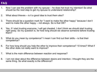 23
FAQ
1. Now I can see the problem with my spouse – he does hot trust my intention! So what
should be the next step to get my spouse to understand relationship?
2. What about thieves – is it a good idea to trust them also?
3. There should be a question mark for “I want to make the other happy” because I don’t
want to make the other happy – not always. So is that OK?
4. Yes, if I start trusting everyone, I will get cheated. I don’t think we should start trusting
right away. So my question is, for how long should we observe someone before trusting
them?
5. What do you mean by competence? I mean I can find out their skills – is that their
competence?
6. For how long should you help the other to improve their competence? 10 times? What if
the other does not really want to improve?
7. What is the main difference between reaction and response?
8. I am not clear about the difference between desire and intention. I thought they are the
same thing. So what exactly is the difference?
 