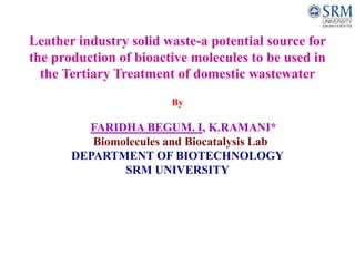 Leather industry solid waste-a potential source for
the production of bioactive molecules to be used in
the Tertiary Treatment of domestic wastewater
By
FARIDHA BEGUM. I, K.RAMANI*
Biomolecules and Biocatalysis Lab
DEPARTMENT OF BIOTECHNOLOGY
SRM UNIVERSITY
 