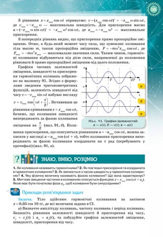 105
З рівняння x
 
=
 
xmax
 
cos
 
ωt отримуємо: v
 
=
 
(xmax
 
cos
 
ωt)′ = –xmax
 
ω
 
sin
 
ωt,
де vmax
 
=
 
–xmax
 
ω  — максимальна швидкість. Для прискорення маємо 
a
 
=
 
(–xmax
 
ω
 
sin
 
ωt)′ = –xmax
 
ω2
 
cos
 
ωt, де amax
 
=
 
–xmax
 
ω2
— максимальне 
прискорення.
З попередніх рівнянь видно, що прискорення прямо пропорційне змі­
щенню. Отже, а будь
-
який момент часу сила, що зумовлює коливання
тіла масою m, також пропорційна зміщенню, 2
max cos
F m x t
=− ω ω , де
2
max max
F m x
=− ω  — максимальне значення сили. Таким чином, гармоніч­
ні коливання відбуваються під дією сили, напрямленої до положення 
рівноваги й прямо пропорційної зміщенню від цього положення.
Графіки часових залежностей
зміщення, швидкості та прискорен­
ня гармонічних коливань зображе­
но на малюнку 91. Згідно з форму­
лами зведення тригонометричних
функцій, залежність швидкості від
часу v
 
=
 
–vmax
 
sin
 
ωt набуває вигляду
max cos
2
v v t
π
 
= ω +
 
 
. Зіставивши це
рівняннязрівняннямx
 
=
 
xmax
 
cos
 
ωt,
бачимо, що коли
­
вання швидкості
випереджають за фазою коливання
зміщення на
2
π
(мал.
 
91,
 
б). Коли­
вання прискорення, що описуються рівнянням a
 
= –amax
 
cos
 
ωt, можна за­
писати у ви
­
гляді a
 
=
 
amax
 
cos
 
(ωt + π), тобто коливання прискорення випе­
реджають за фазою коливання координати на π рад (перебувають у
протифазі) (мал.
 
91,
 
в).
Знаю, вмію, ро
з
умію
1. Які коливання називають гармонічними? 2. Як пов’язані прискорення та координата
в гармонічних коливаннях? 3. Як змінюється з часом швидкість у гармонічних коливан-
нях? 4. Яку фізичну величину називають фазою коливання? Що вона характеризує?
5.
 
Миттєве зміщення частинки в коливаннях описується функцією x
 
=
 
xmax
 
cos
 
(ωt
 
+
 
ϕ0
).
Якою має бути початкова фаза ϕ0
, щоб коливання були синусоїдними?
Приклади розв’язування задач
Задача. Тіло здійснює гармонічні коливання за законом
x = 0,05
 
cos
 
10
 
πt, де всі величини задано в СІ.
а) Визначте амплітуду коливань, частоту коливань і період коливань. 
Запишіть рівняння залежності швидкості й прискорення від часу,
vx
  =  vx
(t) і аx
 
=
 
аx
(t), та побудуйте графіки залежностей зміщення, 
швидкості, прискорення від часу.
x
Мал. 91. Графіки залежностей:
а
 
— x(t); б
 
— v(t); в
 
— a(t)
а
б
в
 