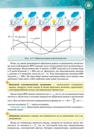 131
Мал. 117
. Обертання рамки в магнітному полі
N N N N N
S S S S S
B B B
B B
Ф, e Ф = Фm
cosωt
e = εm
sinωt
t1
0 t2
t3
t4
t5
t
Отже, за умови рівномірного обертання рамки в однорідному магнітно­
му полі в ній виникає ЕРС індукції, яка з часом змінюється за синусоїдаль­
ним законом. Якщо рамка має N витків, то ЕРС індукції на її клемах буде
в N разів більшою: εi
= BSω sin ωt. Зрозуміло, що максимальних значень
εi
досягає в ті моменти, коли sin ωt = ±1. Тоді максимальне значення ЕРС
індукції εm
= BSω. За один оберт рамки електрорушійна сила змінює своє
значення і знак двічі, тобто здійснює одне повне коливання.
Вимушені електромагнітні коливання
 
— незатухаючі коливання 
заряду, напруги, сили струму й інших фізичних величин, спричинені
електрорушійною силою, що періодично змінюється.
Закон зміни ЕРС можна записати так: e = εm
sin ωt, де колова (циклічна)
частота ω збігається з кутовою швидкістю обертання рамки в магнітному
полі. Для кутової частоти справджуються формули:
2
2
T
π
ω= πν= , де ν —
частота коливань, Т — період коливань.
Змінний струм. Прикладом вимушених електромагнітних коливань є
змінний струм.
Змінними вважають струми, які змінюються як за значенням, так і за
напрямком.
Якщо до генератора змінного струму, напруга на полюсах якого змі­
нюється за законом u = Um
sin ωt, під’єднати будь
-
яке навантаження 
(наприклад, електричний двигун, батарею конденсаторів, нагрівальний
 