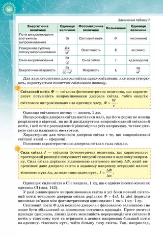 164
Е
нергетична  
величина
О
диниця
величини
Фотометрична
величина
Позначення
О
диниця
величини
Потік випромінювання
(потужність
випромінювання)
Вт Світловий потік Ф лм (люмен)
Поверхнева густина
потоку випромінювання 2
Дж
м
Освітленість Е лк (люкс)
Сила випромінювання
Вт
ср
Сила світла І кд (кандела)
Енергетична яскравість 2
Вт
ср м
⋅
Яскравість L 2
кд
м
Для характеристики джерел світла щодо освітлення, яке вони створю­
ють, користуються поняттям світлового потоку.
Світловий потік Ф — світлова фотоелектрична величина, що характе­
ризує потужність випромінювання джерела світла, тобто енергію 
світлового випромінювання за одиницю часу,
W
Ô
t
= .
Одиниця світлового потоку — люмен, 1 лм.
Якщо розміри джерела світла настільки малі, що його форму не можна
розрізнити з відстані, на якій досліджується випромінюваний світловий
потік, і цей потік розподілений рівномірно в усіх напрямках, то таке дже­
рело світла називають точковим.
Характерним для точкового джерела світла є те, що випромінювані
світлові хвилі — сферичні.
Головною характеристикою джерела світла є сила світла.
Сила світла І  — світлова фотометрична величина, що характеризує
просторовий розподіл потужності випромінювання в заданому напрям­
ку. Сила світла дорівнює відношенню світлового потоку ΔФ, який ви­
промінює дане джерело світла в заданому напрямку всередині малого
тілесного кута Δω, до величини цього кута,
Ô
I
∆
=
∆ω
.
Одиницею сили світла в СІ є кандела, 1 кд, що є однією із семи основних
одиниць СІ (мал. 142).
У разі рівномірного випромінювання світла в усі боки повний світло­
вий потік точкового джерела світла дорівнює Ф = 4πI. Із цієї формули 
випливає зв’язок між фотометричними одиницями: 1 лм = 1 кд ∙ 1 ср.
Світловий потік Ф для кожного джерела є фіксованою величиною і не
може бути збільшений за допомогою оптичних приладів. Проте оптичні
прилади (дзеркала, лінзи) дають можливість перерозподілити світловий
потік у тілесному куті та отримати в деяких напрямках більший потік
на
 
одиницю тілесного кута, тобто більшу силу світла. Так, наприклад,
Закінчення таблиці 7
 